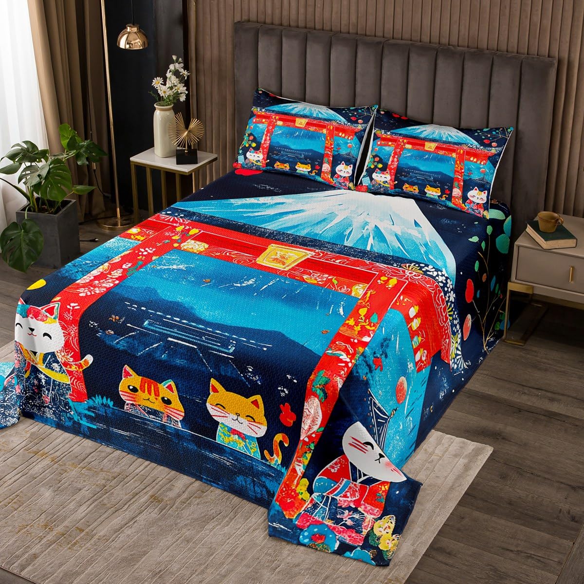 jejeloiu Cute Kitten Bedspread King Size, Fortune Cat Coverlet Set Boys Girls Cats Print Quilted Coverlet Teens Bedroom Decor with 2 Pillow Case