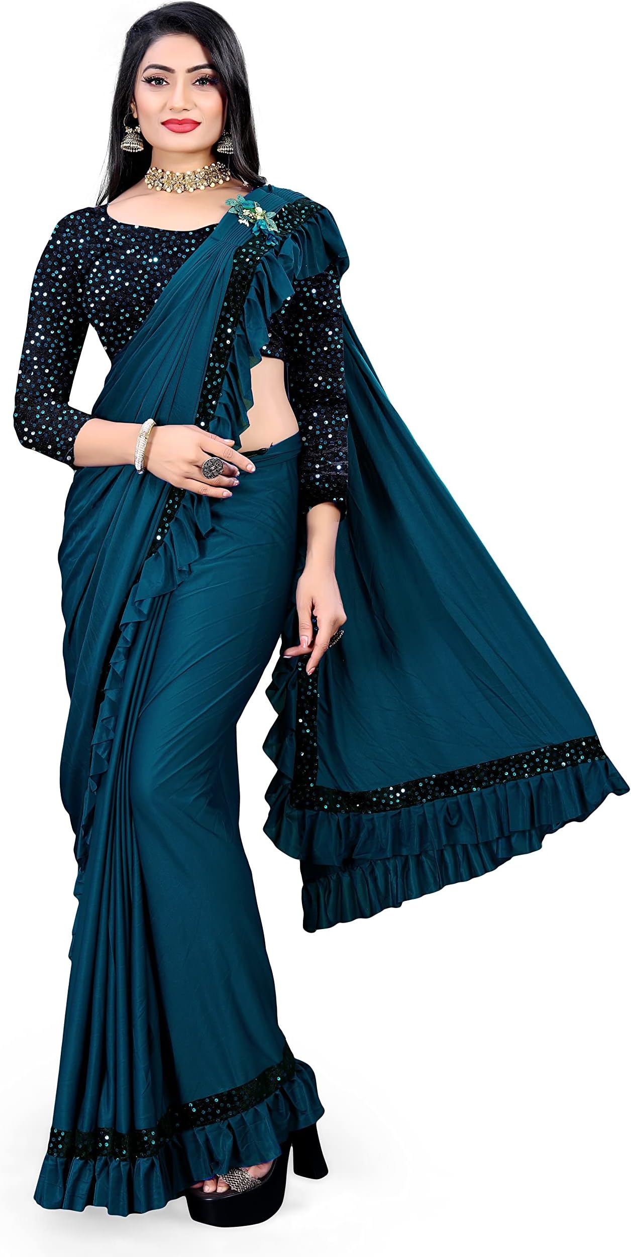 MOHIT CREATIONS Women's Party wear Pure Original Lycra Ruffle Saree With Unstitched Blouse