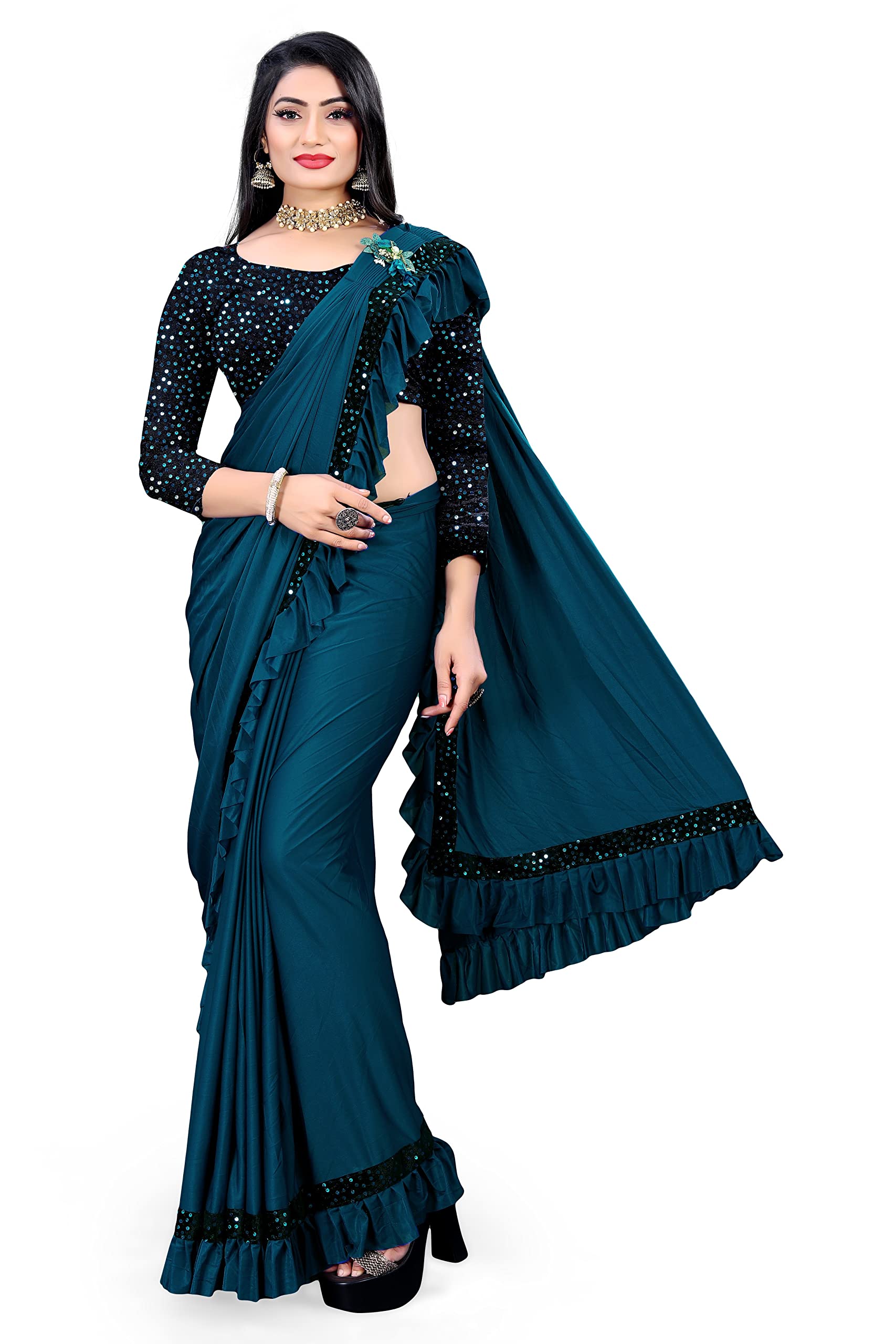 MOHIT CREATIONS Women's Party wear Pure Original Lycra Ruffle Saree With Unstitched Blouse