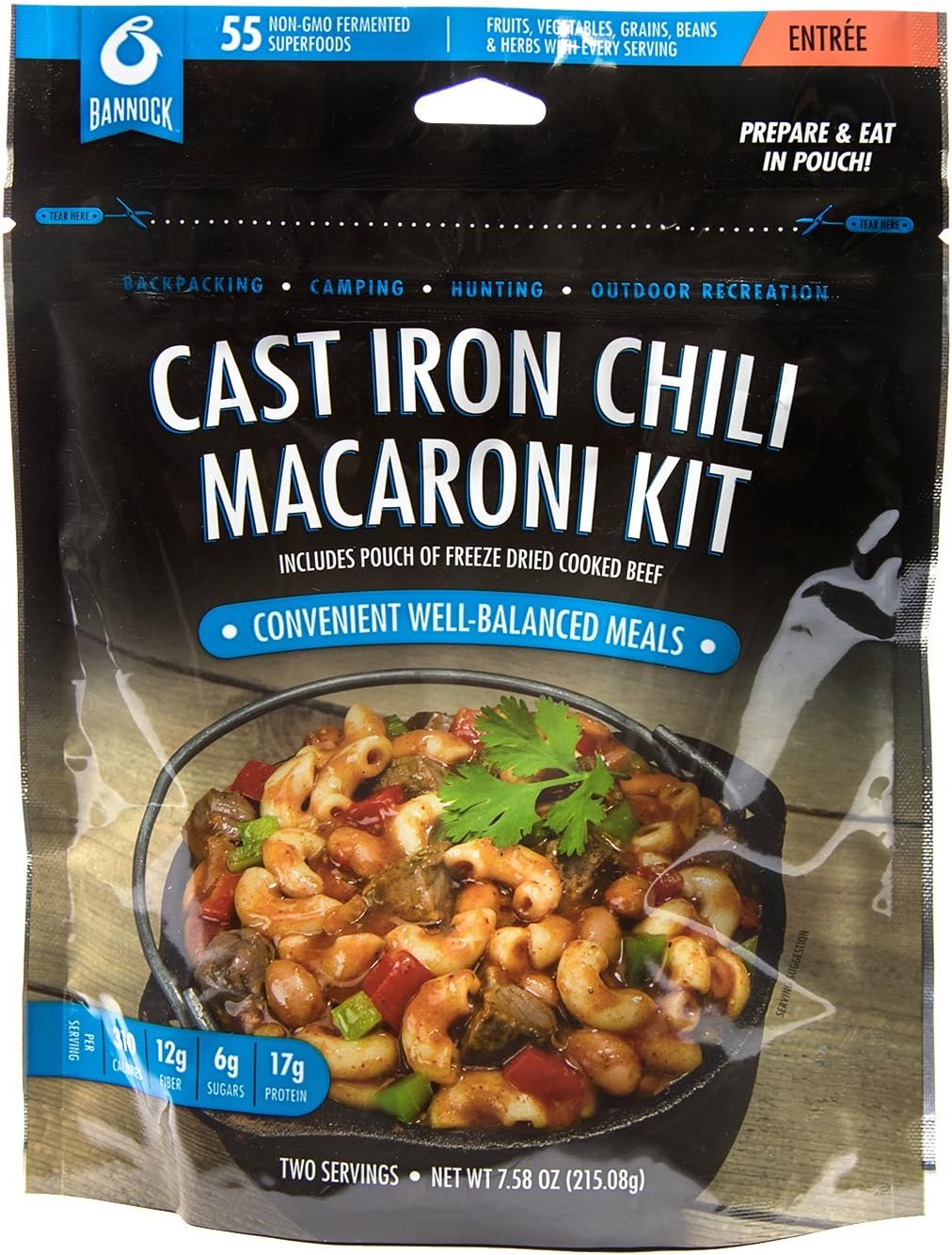 Bannock Cast Iron Chili Macaroni w/ Beef - 1 Pouch - 2.5 Servings - Freeze Dried Camping, Hiking & Backpacking Meals - Cook in Pouch Camp Food