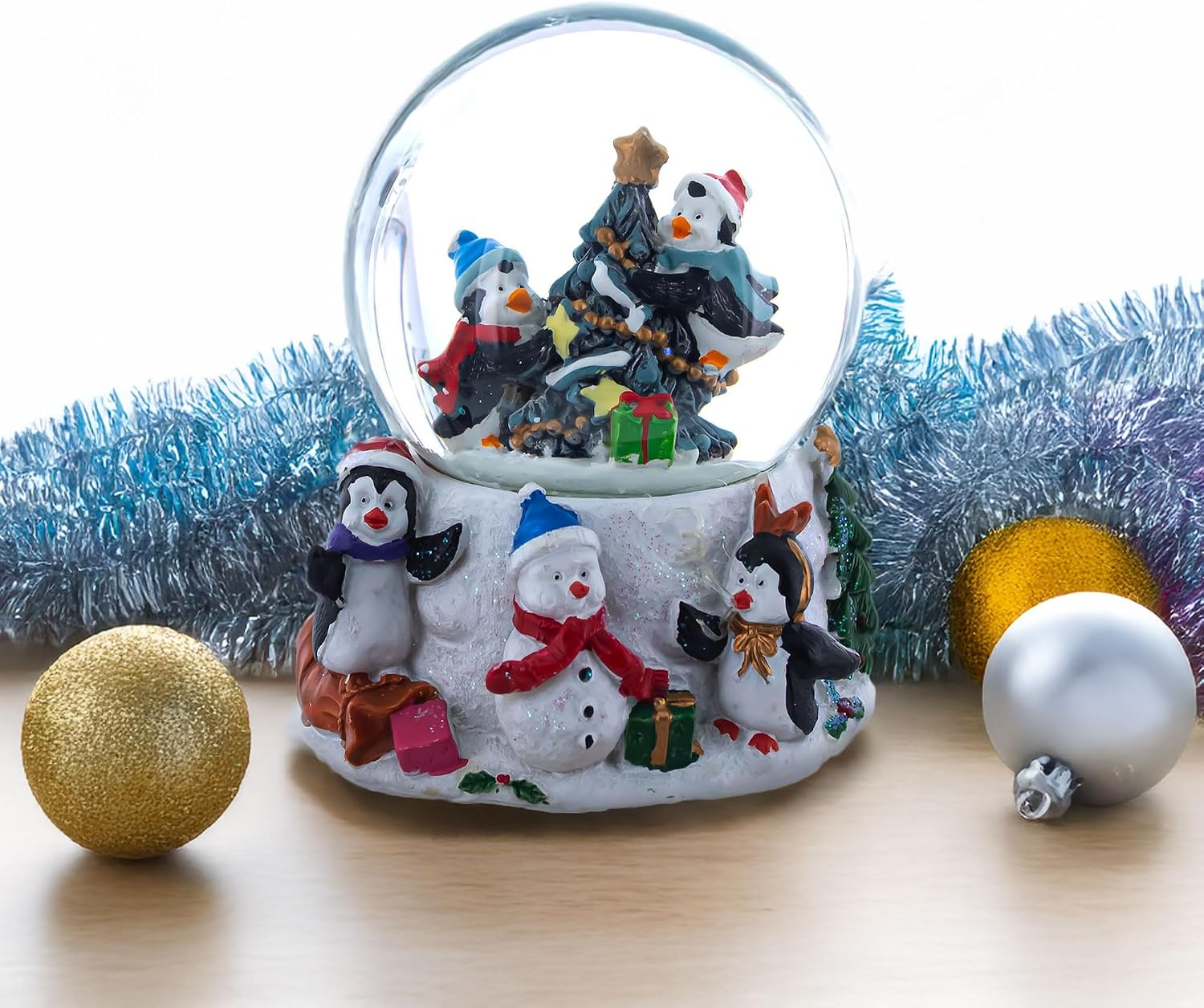Penguins' Festive Tree Celebration Snow Water Globe