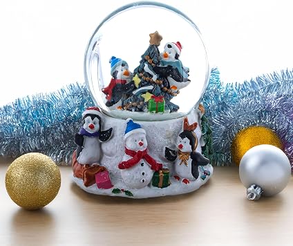 Penguins' Festive Tree Celebration Snow Water Globe
