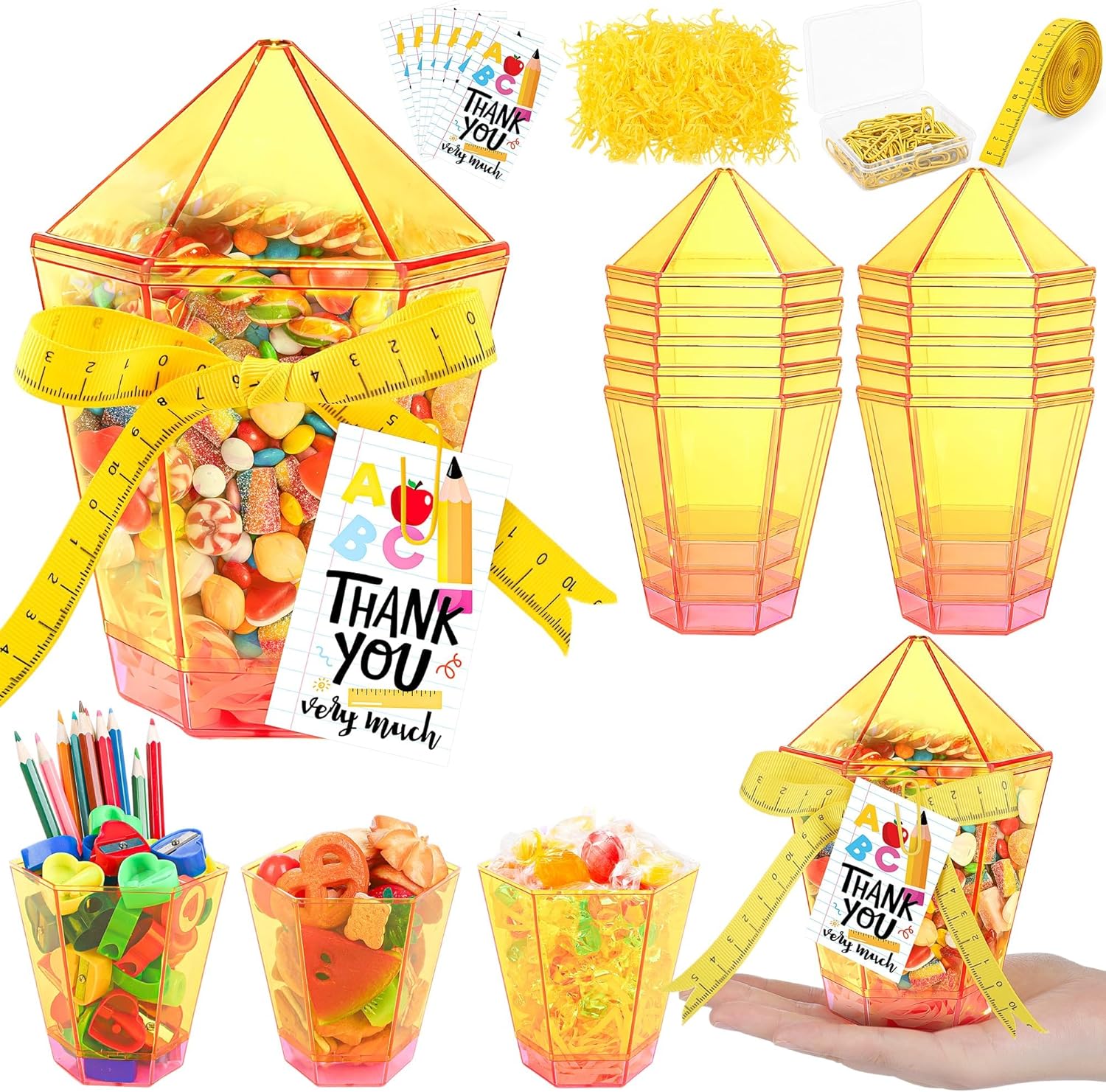 Aneco 12 Pcs Teacher Appreciation Pencil Gift Boxes Pencil Candy Popcorn Containers Gift Bags with Cards Paper Clip Raffia Ribbon Back to School Classroom Decorations Party Favor for Teachers Students
