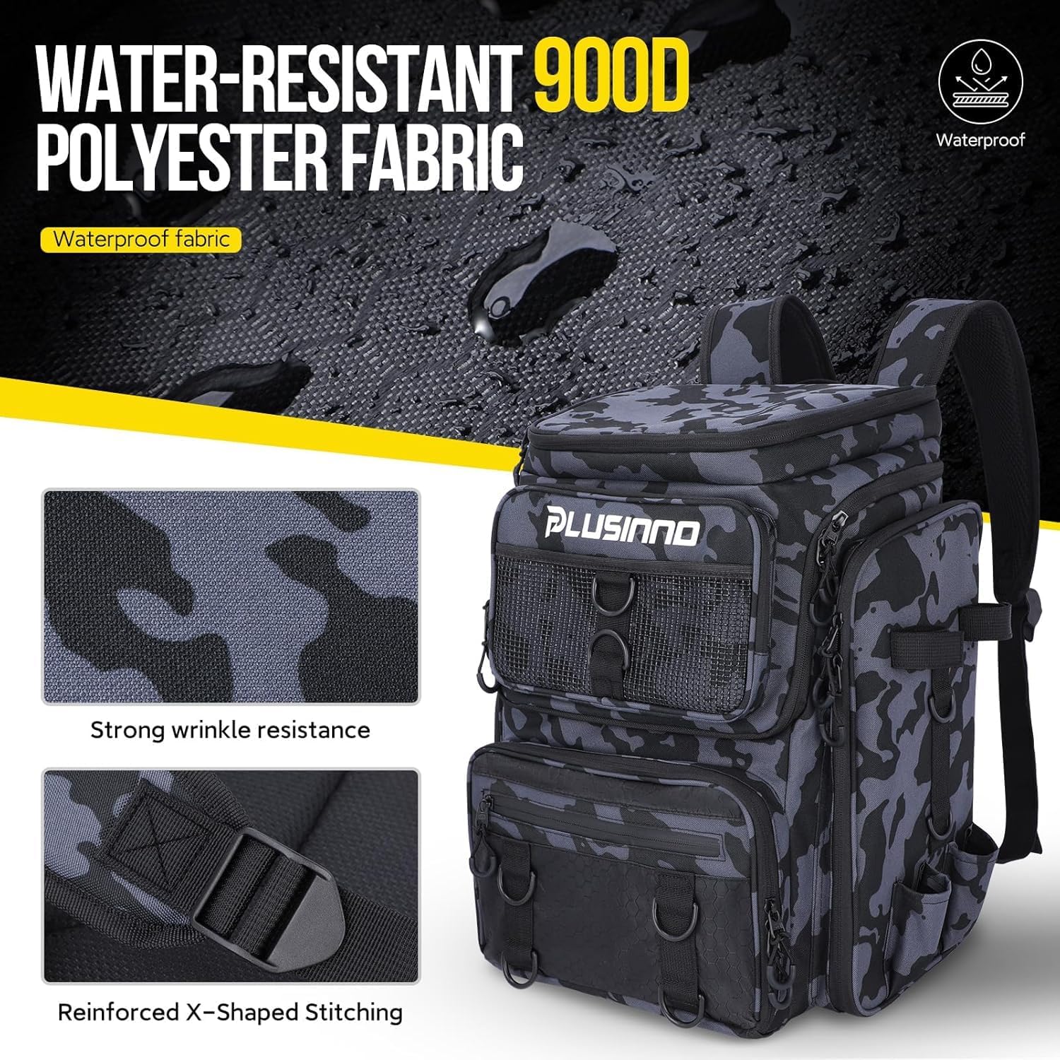 PLUSINNO Fishing Backpack with Fishing Gear Fish Net & Rod Holders Tackle Box, 42L Large Water-resistant Tackle Bag Store