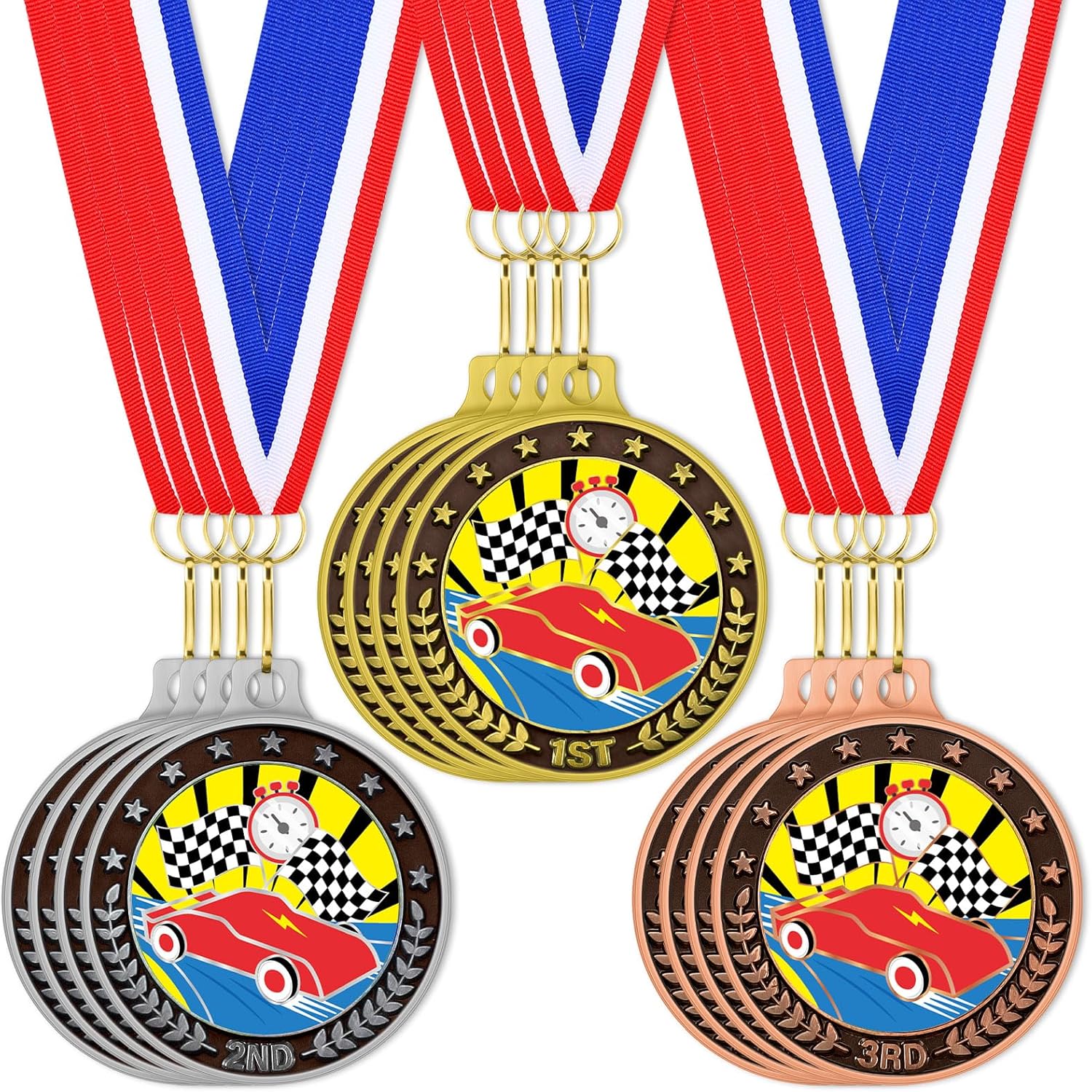Huquary Derby Medals Race Car Trophy Gold Silver Bronze Award Medals with Neck Ribbon Retro Auto Racing Flag Winner Champion Trophies Prize Event Tournament Gifts