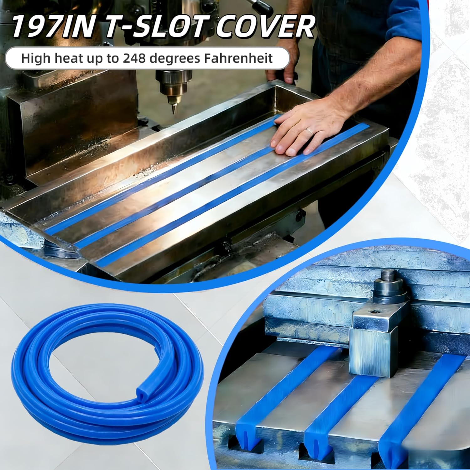 T-Slot Cover for Milling Machine Table Slots (5/8 Inch) - 197 Inch (16.4 Ft) Extra Long Roll - Heat Resistant Silicone Rubber Strip - Flexible Chip Guard for CNC and Manual Mills (Blue)