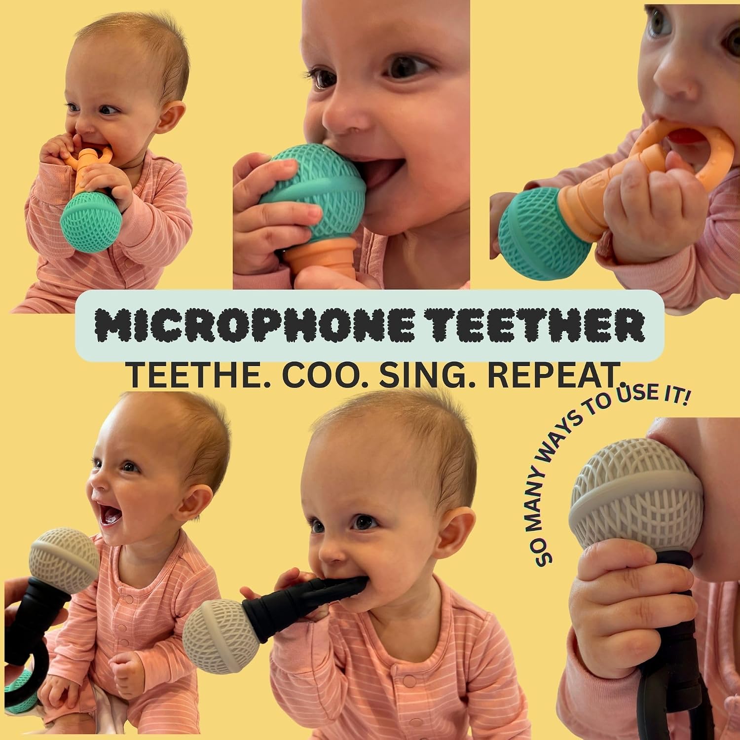 Baby Microphone Teether - Microphone Rattle, BPA Free, Silicone, Musical/Singing Toy, Dishwasher & Freezer Safe, Easy-to-Grip Teething Shaker Toy for Newborns, Infants, Toddlers. (Gray Black)