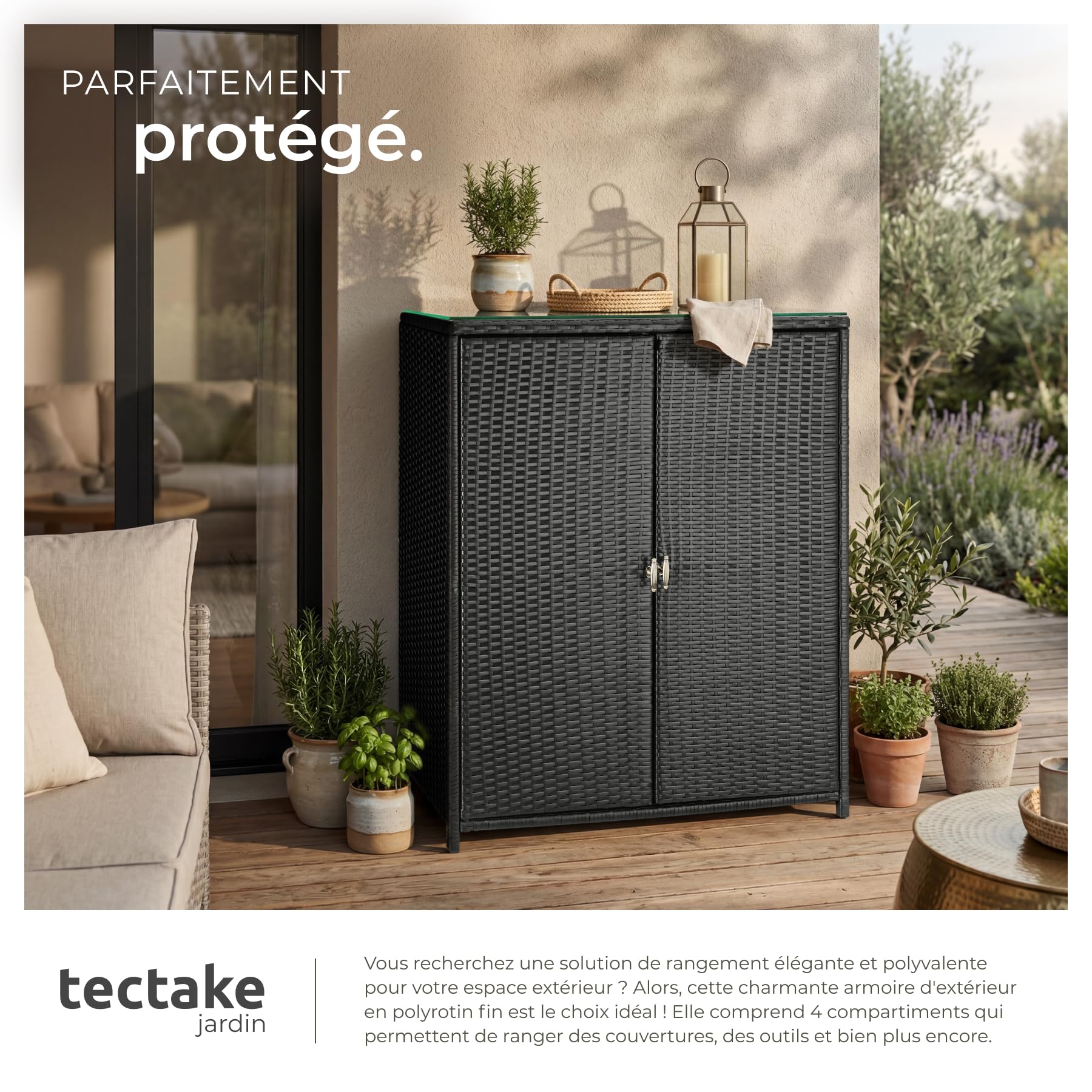 Tectake Armoire de Jardin 84,5x40,5x103,5 cm Résine tressée Aluminium 2 Portes 3 étagères 75 kg