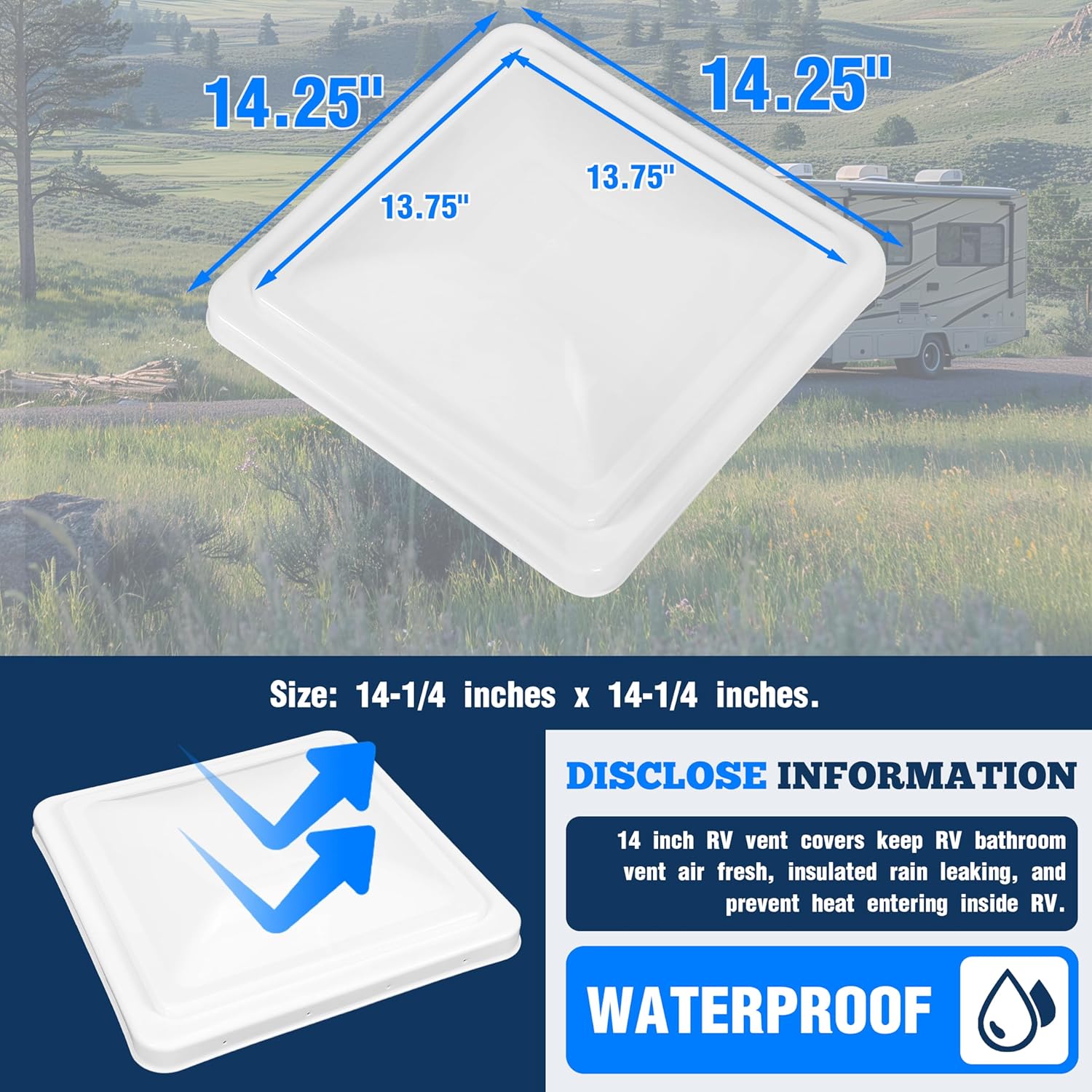 Kojem 14" Roof Vent Cover Compatible with Ventline Previous to 2008 & Elixir Vents starting 1994 Replacement RV Vent Lid Roof Part Kit White 14" X 14" - 2Pcs