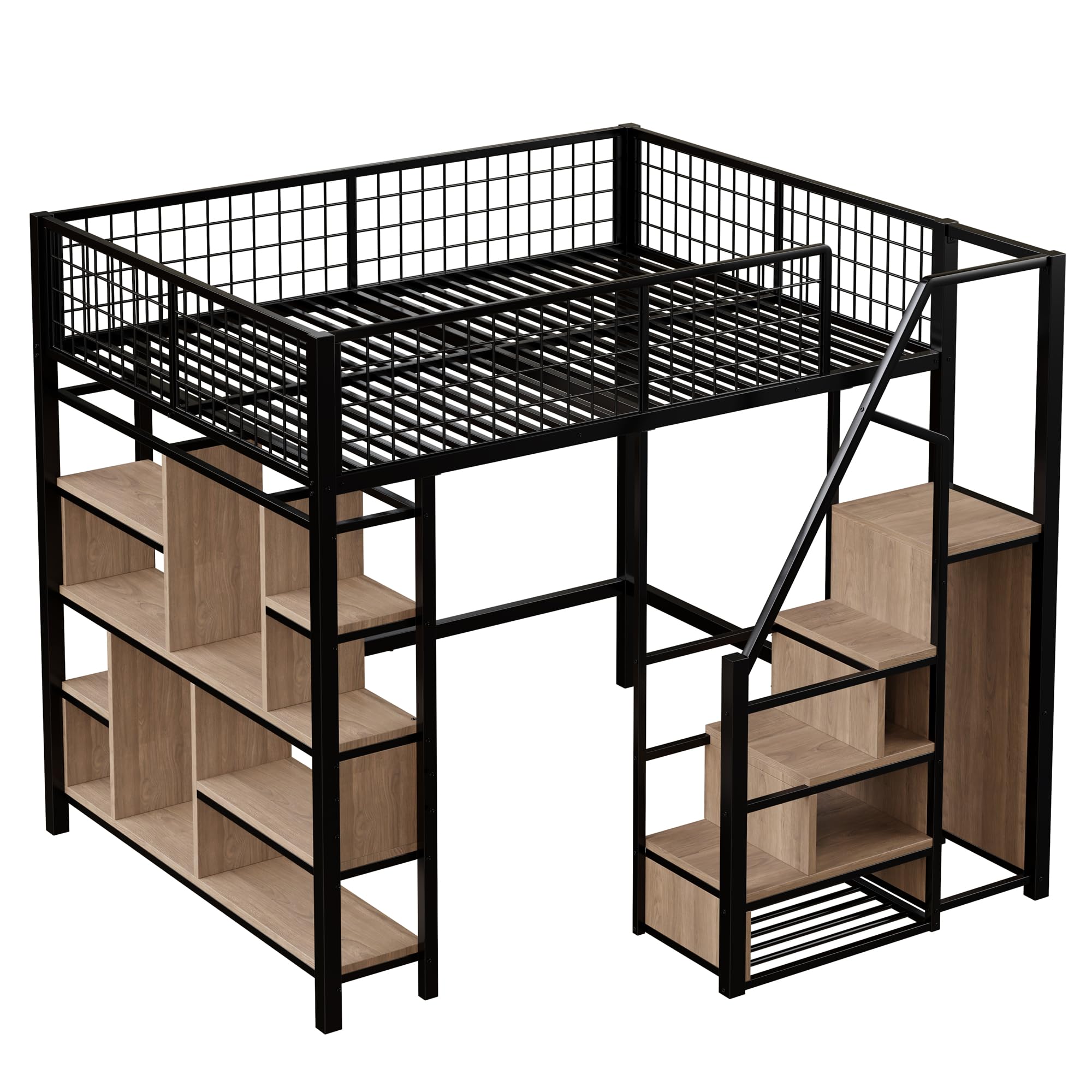 Kayan Hochbett 140 x 200 cm, Metallbett mit Stauraum, Ablageflächen und Treppe, Funktionsbett Kinderhochbett Jugendhochbett mit Rausfallschutz, Weiß, ohne Matratze (Schwarz)