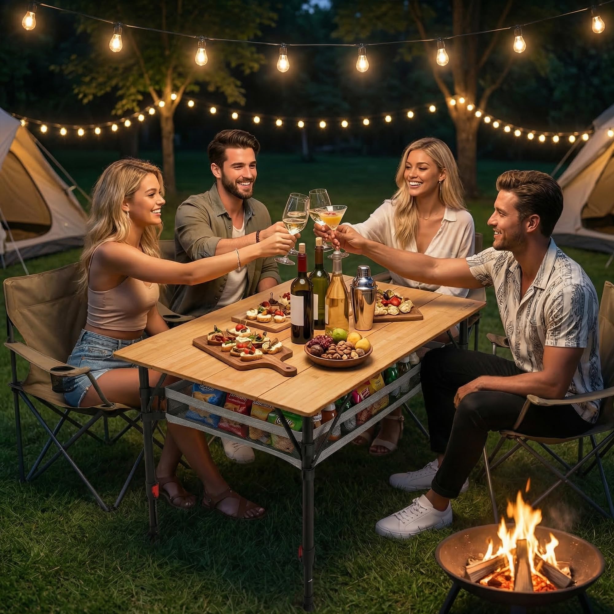 Join Nature Mesa de camping plegable de bambú 100 x 65 cm, altura regulable de 47 a 65 cm, plegable con bolsa de malla y bolsa de transporte, mesa plegable estable para jardín, camping y pícnic