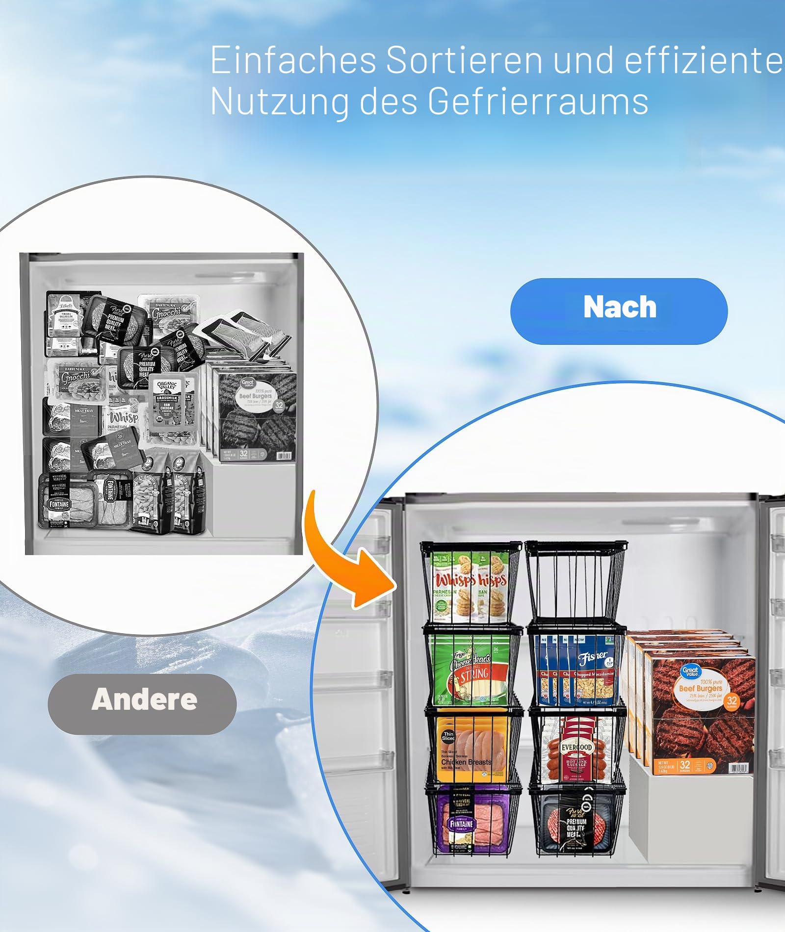 4 StüCk Gefriertruhe Korb, Metall Gefrierschrank Organizer Stapelbare DrahtköRbe Mit Griff Und Rutschfestem Boden Drahtkorb Schwarz FüR KüHlschrank Schrank KüChe 37,3 x 18 x 15,6 cm