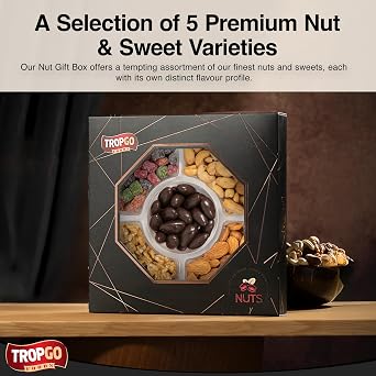 Tropgo 5 Sections Nuts and Sweets Gift Box - Gourmet Snack Box with Raw Walnuts, Raw Almonds, Mango Mini Cubes, Roasted Salted Cashews & Chocolate Almonds - Party Selection Gift Sets