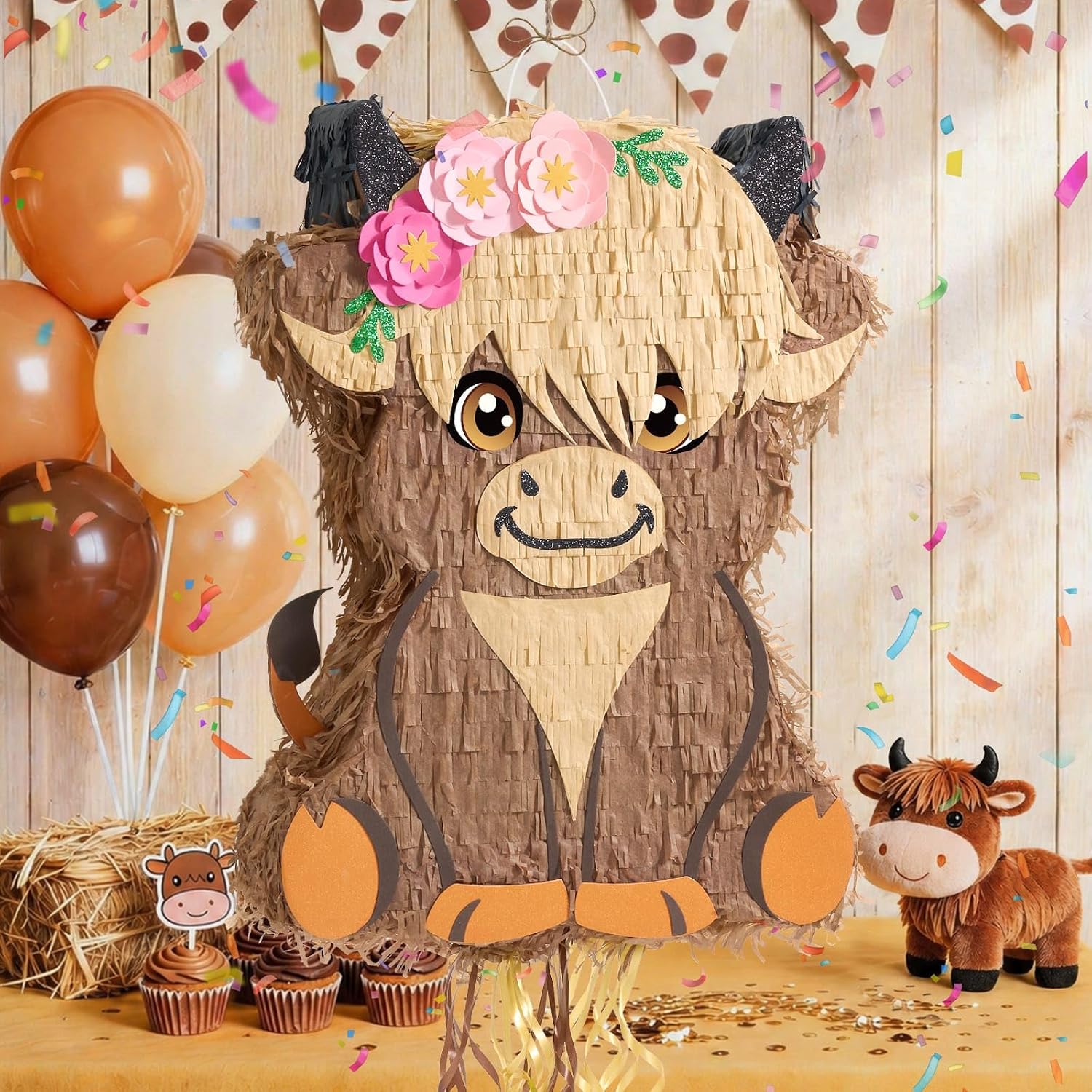 WERNNSAI Highland Cow Pinata - Scottish Cattle Pinata with Blindfold and Bat for Boys Girls Animal Farm Birthday Party Supplies Cute Floral Baby High Land Cow Country Party Favors Gifts Decor