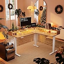 HUANUO Electric L Shaped Stadning Desk with LED Strip & Power Outrlets, 63" x 55" 2-Tier Height Adjustable Sit Stand up Desk with Power Strip Holder, Ergonomic Corner Computer Table, Light Walnut