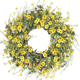 JAFFIUST Yellow Daisy Wreath 22 Inch Spring Summer Fake Silk Floral with Green Eucalyptus Leaves for Front Door Window Wall Farmhouse Decor