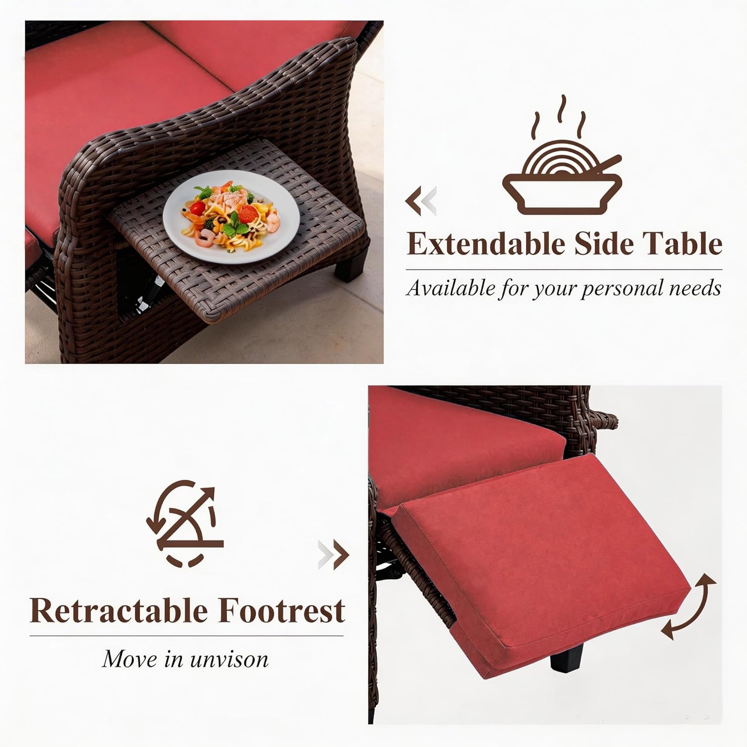 HOMREST Outdoor Recliner Chair with Flip-up Table Set of 2, Rattan Armchair with Adjustable Backrest up to 150°, Wicker Lounge Chair with Integrated Footstool & Removable Cushion for Gardens, Burgundy