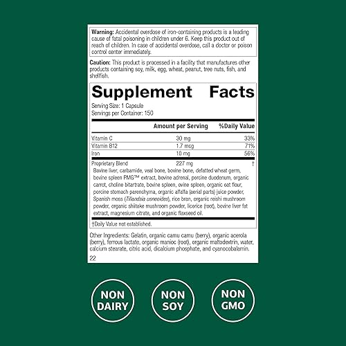 Miniatura 2 de Standard Process Ferrofood - Suplemento de salud sanguínea - Apoyo enzimático con vitaminas B12, C y hierro - Sin lácteos y sin soya - 150 cápsulas