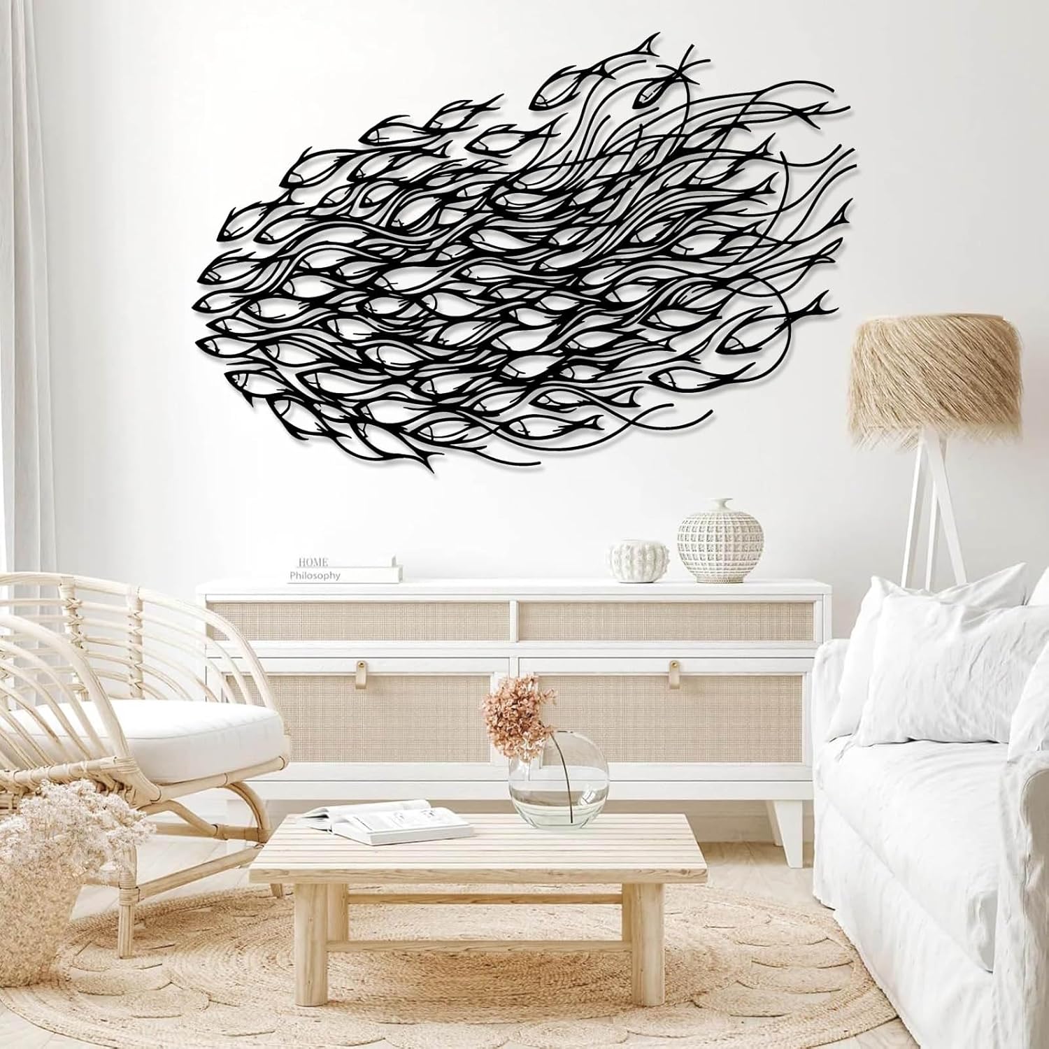 School of Fish Metal Wall Decor - Abstract Fish Family Wall Art, Minimalist Line Art, Bathroom Home Decor (28"x41"|70x105cm, Black)
