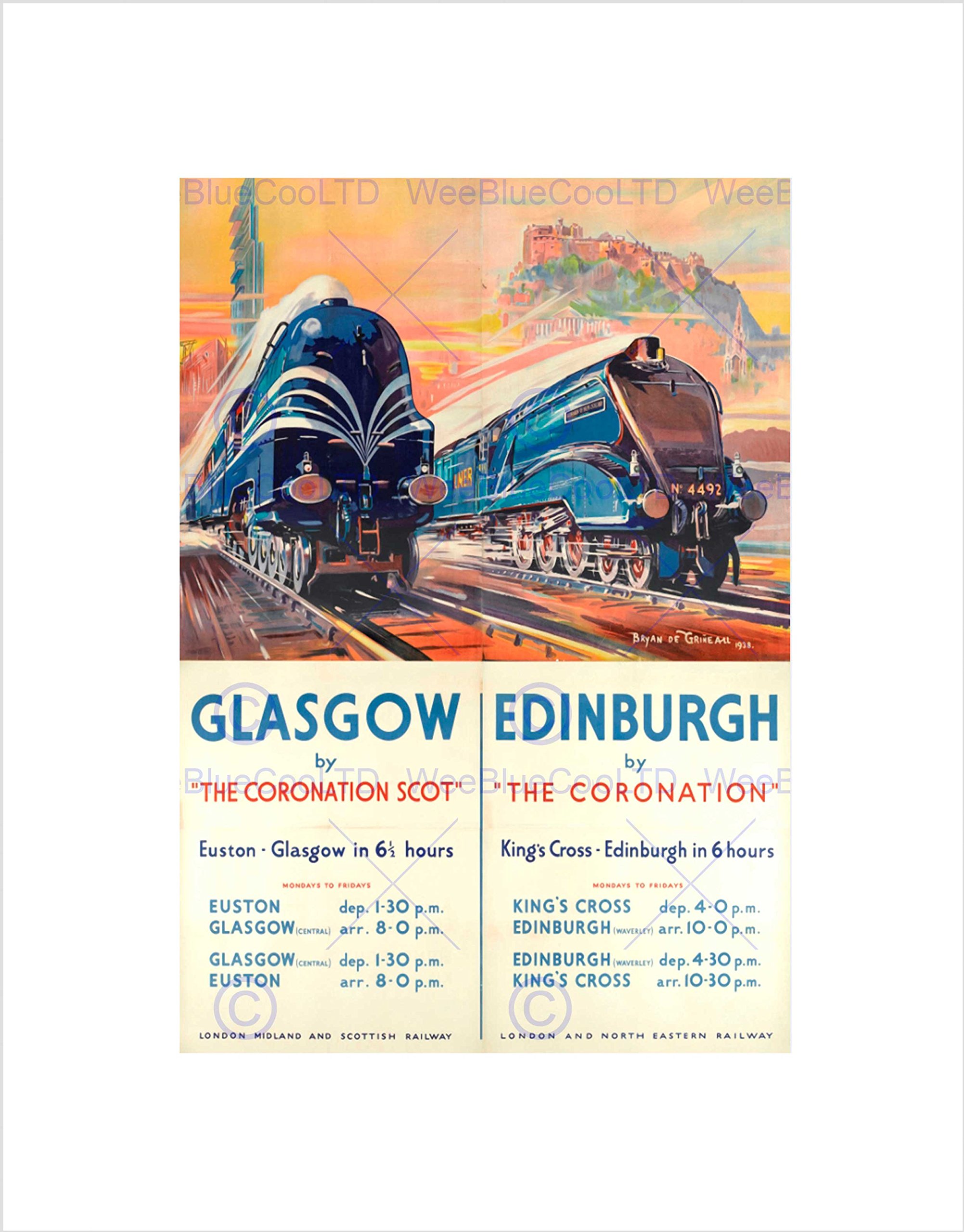 Wee Blue Coo Travel Rail Train Glasgow Edinburgh Scotland Castle Wall Art Print