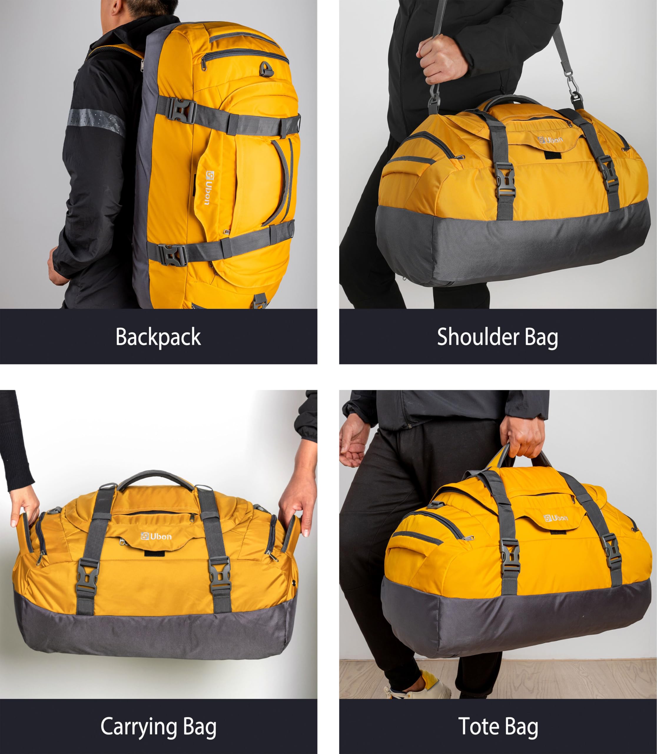 Ubon Borsone da Viaggio Grande Borse con Spazio per Laptop Vano Biancheria Ventilato Scomparto Scarpe Cinghie di Compressione Attrezzatura Escursionismo Campeggio Spiaggia Palestra Unisex Giallo 65L