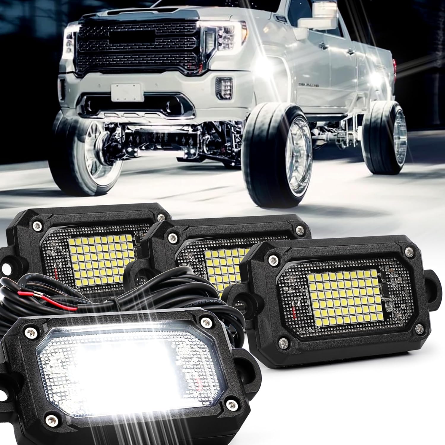 4PCS 6500K Pure White Rock Lights, 60-LED 1800LM Super Bright, Die-Cast Aluminum IP68 Waterproof, 15FT Heavy-Duty Wiring, 160° Wide Beam for Trucks/UTV/ATV/RZR