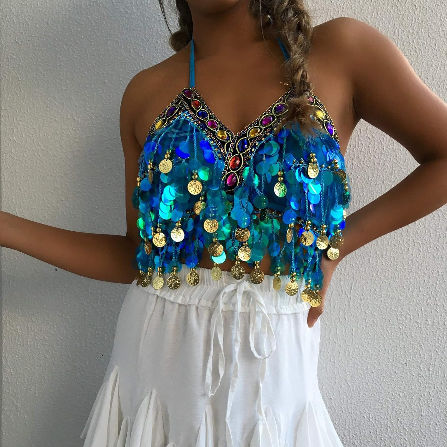 Wuchieal Sequin Halter Bra Top Salsa Belly Dance Boho Festival Clubbing Tribal Bra BH Top - Image 5