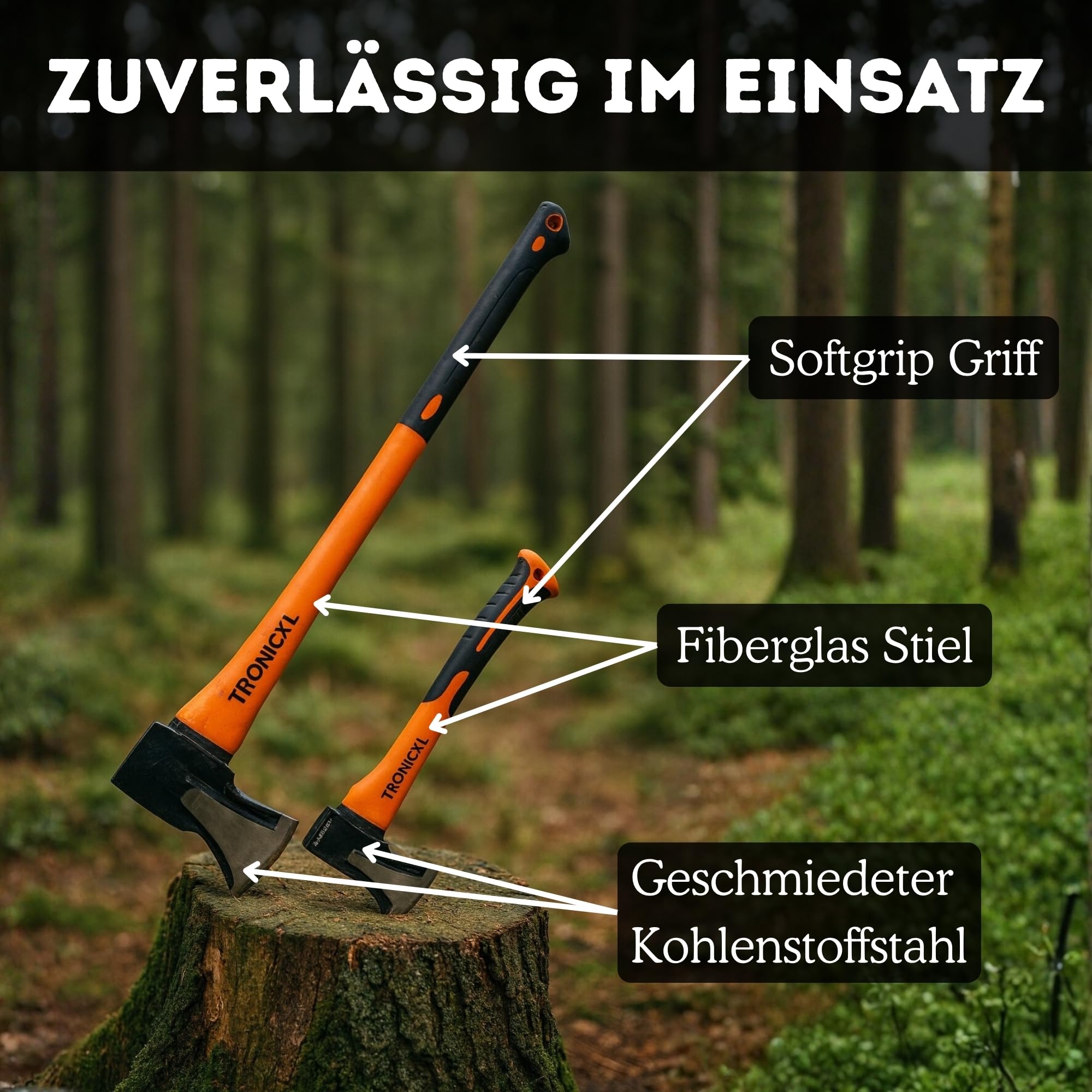 TronicXL Spaltaxt Set für Holz Forst Axt Beil Keile I Kurzes Spaltbeil 600g Axt + Lange Fällaxt 2000g + Fällkeile I Profi Spaltaxt mit Keilen für Forstbedarf, Camping & Outdoor, Feuerholz