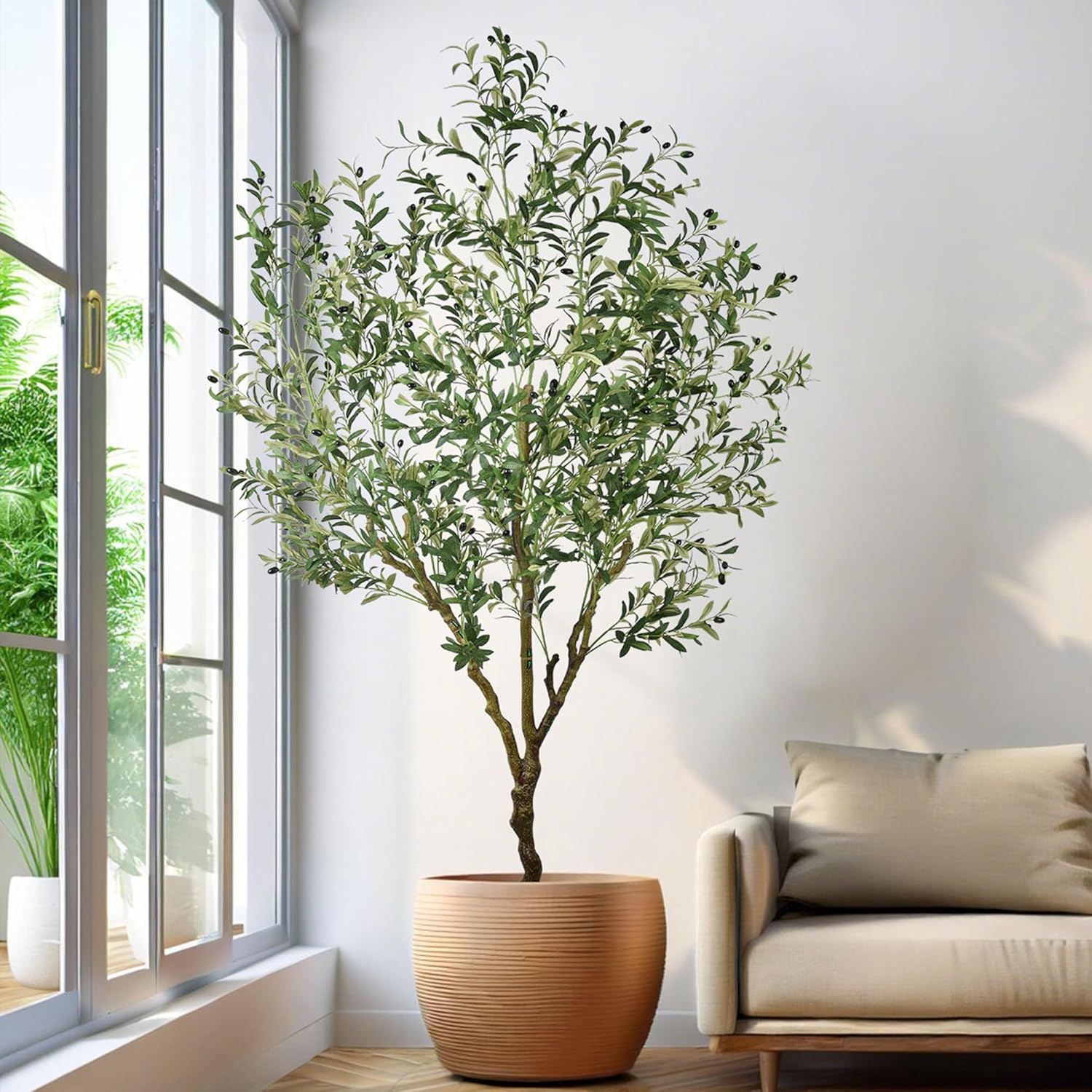 Artificial Olive Tree 7ft(84in) Tall Large Fake Floor Potted Faux Olive Silk Tree with Realistic Branches Leaves and Big Fruits, Artificial Plants for Home Living Room Office Indoor Decor(7feet,1pack)