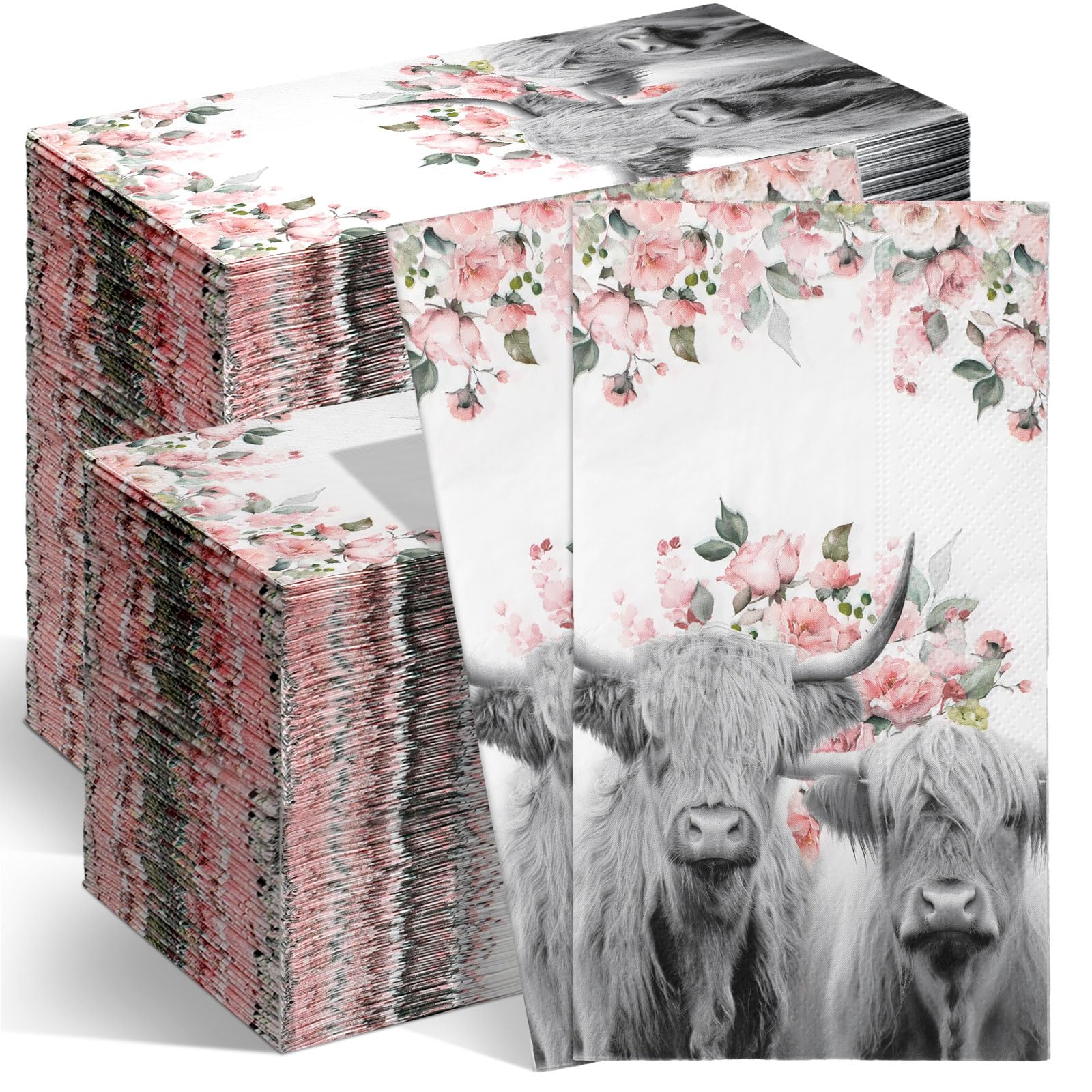 Newwiee 200 servilletas de invitados de vaca de las tierras altas, servilletas con estampado de ganado, decoraciones de fiesta de vacas de las tierras altas, toallas de papel de 2 capas para baño