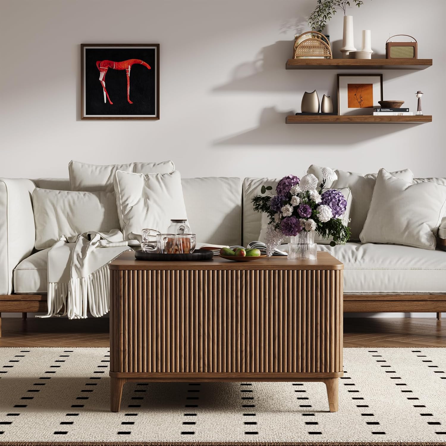 31.4" Square Coffee Tables for Living Room, Fluted Lift Top Coffee Table with Storage, Mid Century Modern Center Table, Giratree Stand Up Coffee Table for Home Living Room Office