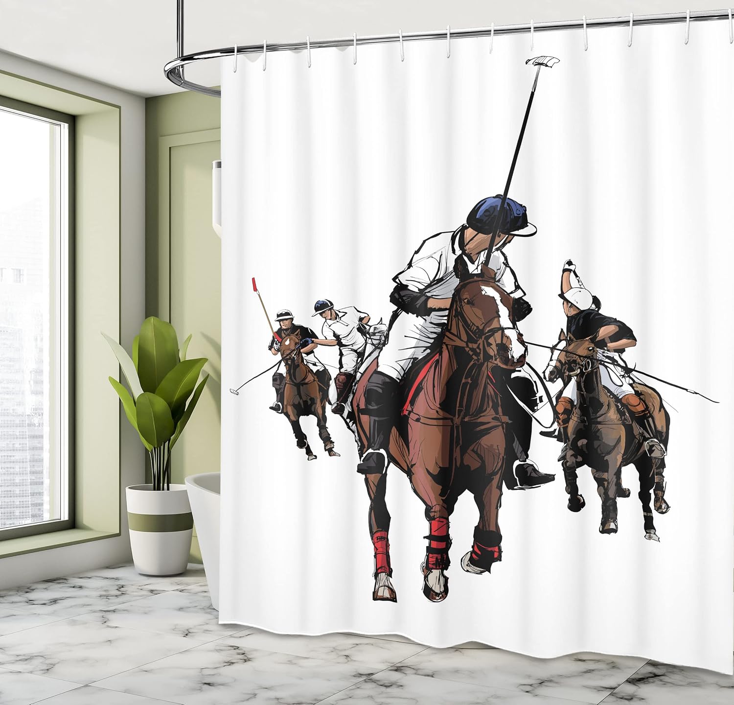 Ambesonne Animal Shower Curtain, Digitally Generated Polo Sport Players on Redbrown Colored Horses Print, Cloth Fabric Bathroom Decor Set with Hooks, 69" W x 70" L, White and Multicolor