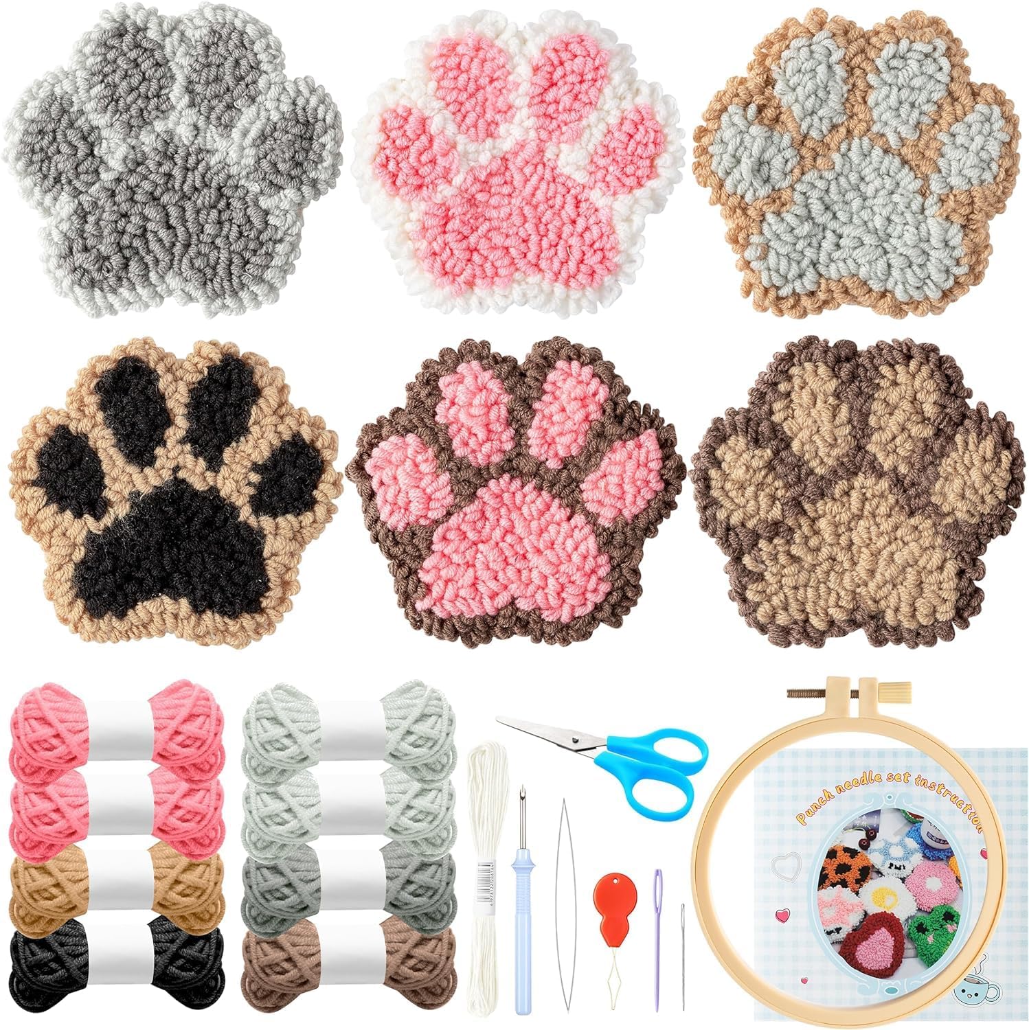 WATINC 22PCS Craft Punch Needle Coaster Kit with Claw Pattern DIY Embroidery Kit for Beginner Easy Embroidery Art and Crafts Needle Coaster with Instruction for Adults