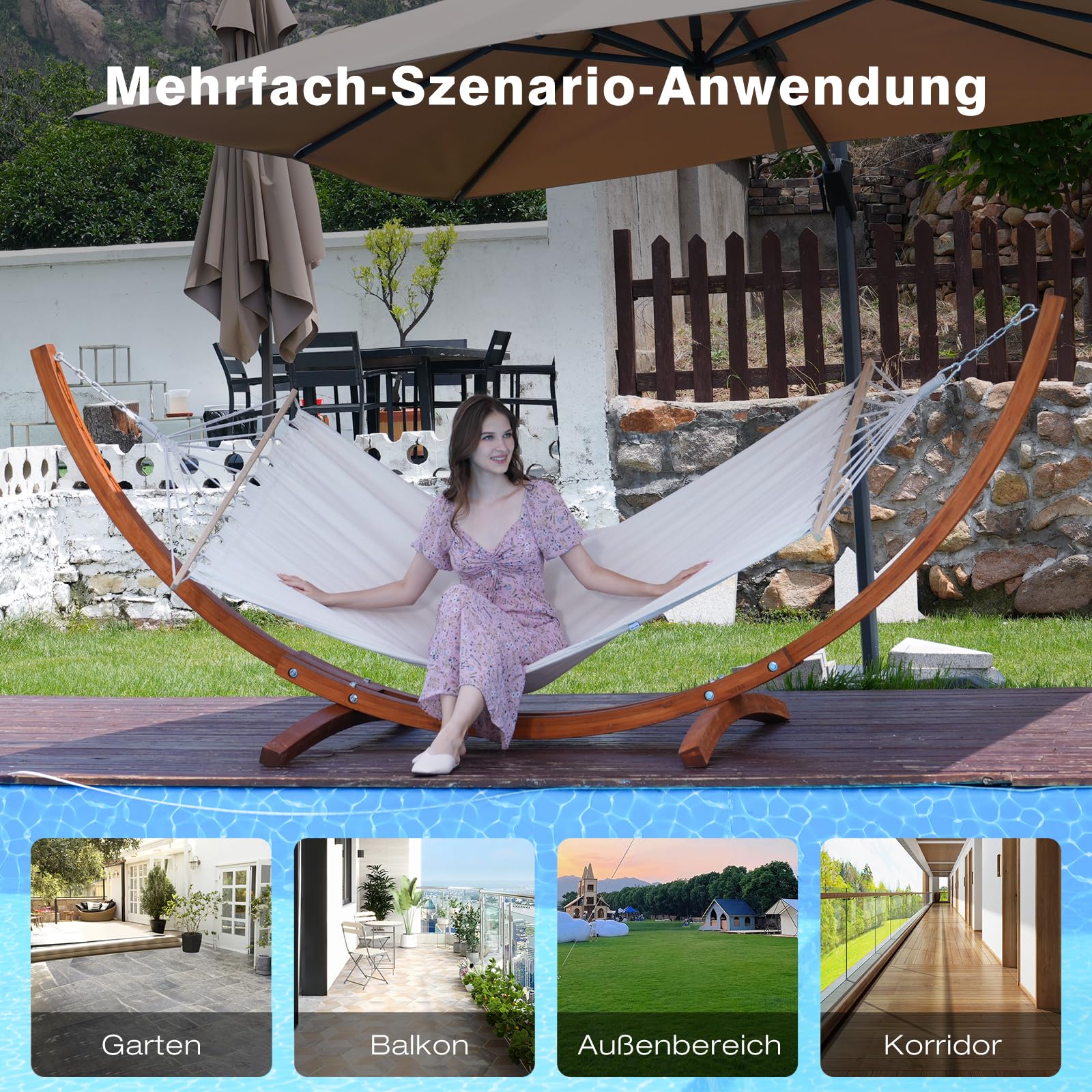 Hängematte mit Gestell, Mit 2 Hängematte, 200kg Belastbarkeit, Maße: 320x120x120 cm, Stabilem Bogengestell aus Massivkiefernholz, Für Garten, Terrasse und Balkon