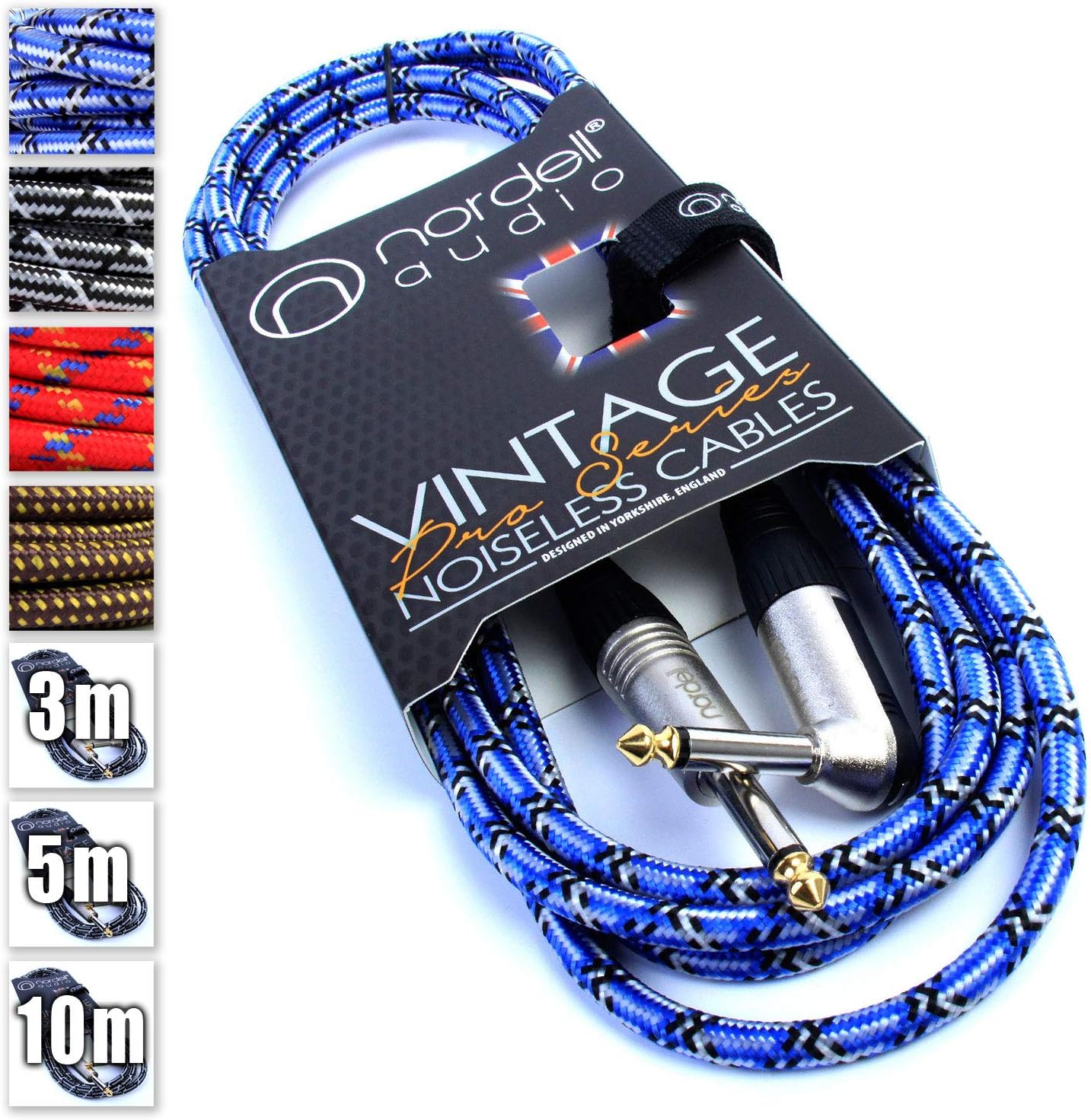 Premium Braided Guitar Cable: 3m / 10ft Mono 1/4 inch Jack Lead for Bass, Electric, Keyboard, Amp etc.