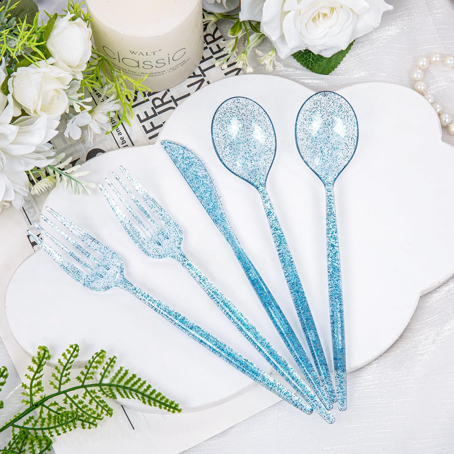 Rubtlamp 180 Pcs Blue Glitter Plastic Silverware, Clear Blue Plastic Cutlery, Heavy Duty Blue Plastic Utensils Set,Disposable Blue Flatware Include 60Blue Forks, 60Blue Spoons,60Blue Knives for Party