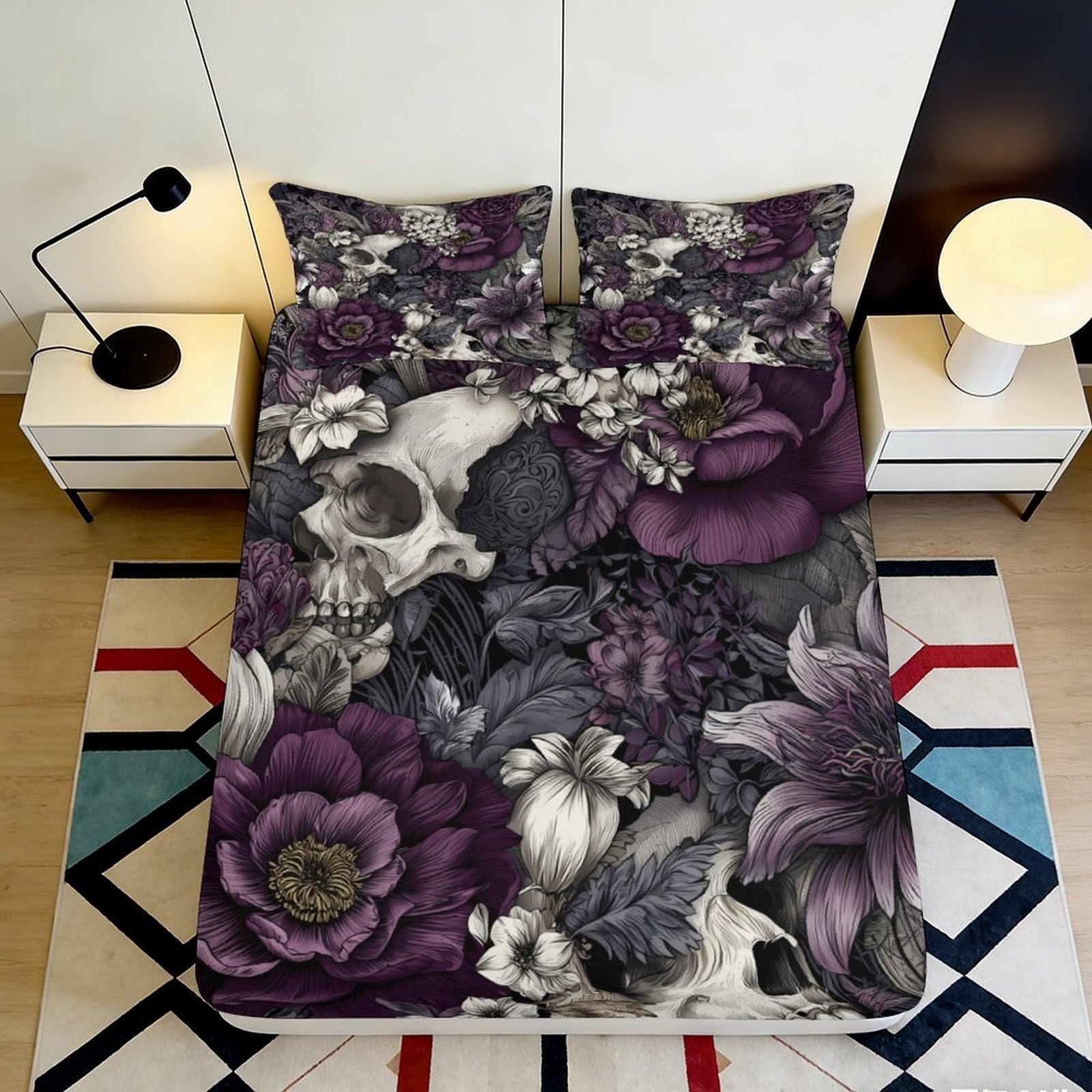 3D Printed Gothic Floral Fitted Sheet Microfiber Deep Pocket Non-Slip Gothic Flower Mattress Fitted Cover for Bedroom 200x200x25cm