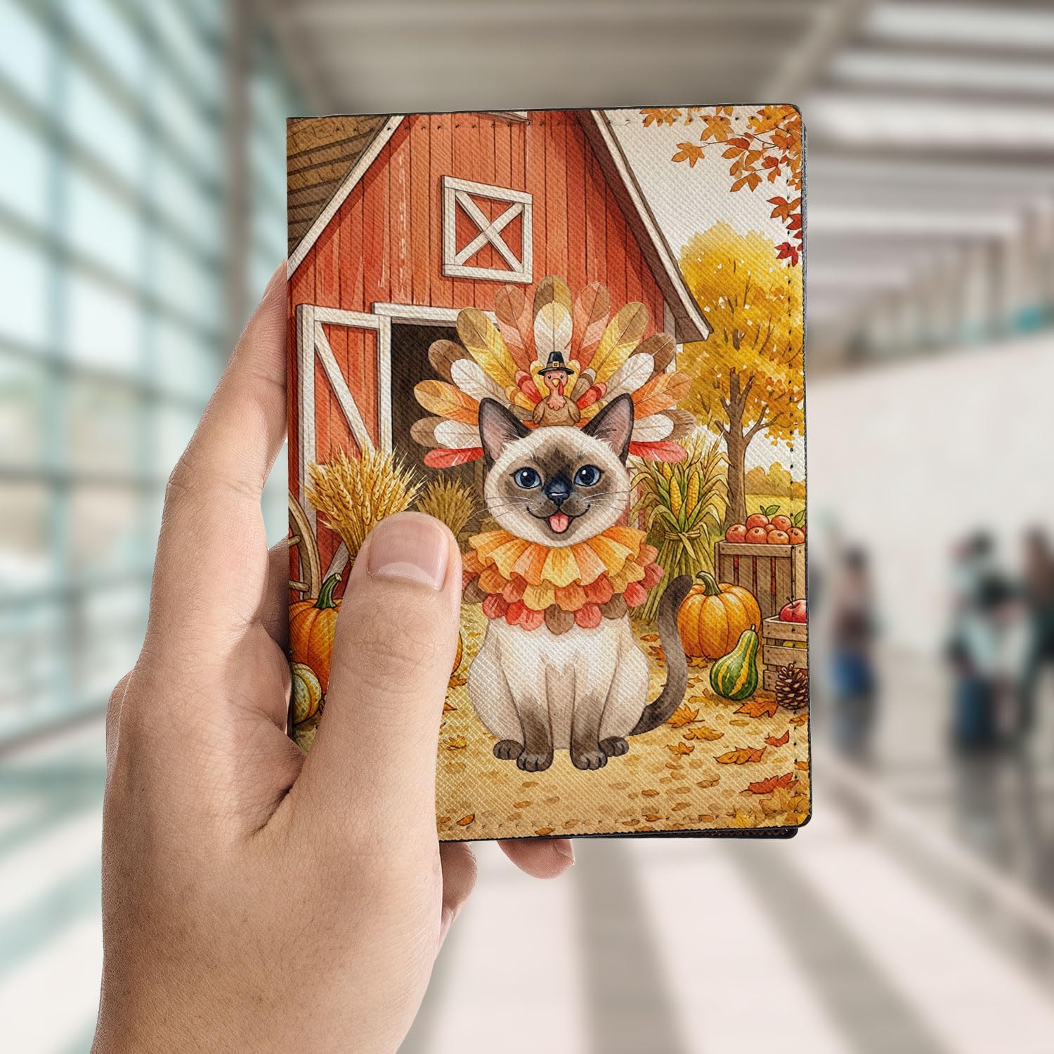 Happy Thanksgiving Siamese in Turkey Costume Fall Scene Travel Passport Wallet Cat Lover Kitten Owner Gifts PU Leather Passport Holder Cover 22012 image 4
