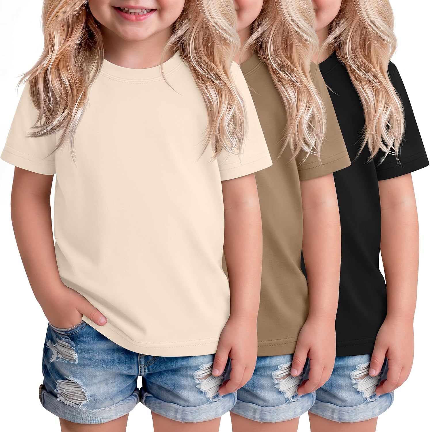 Ficerd 3 Pack Toddler Girls' Oversized T Shirts Kids Short Sleeve Crew Neck Basic Tees Solid Casual Summer Loose Tops 18M-5T