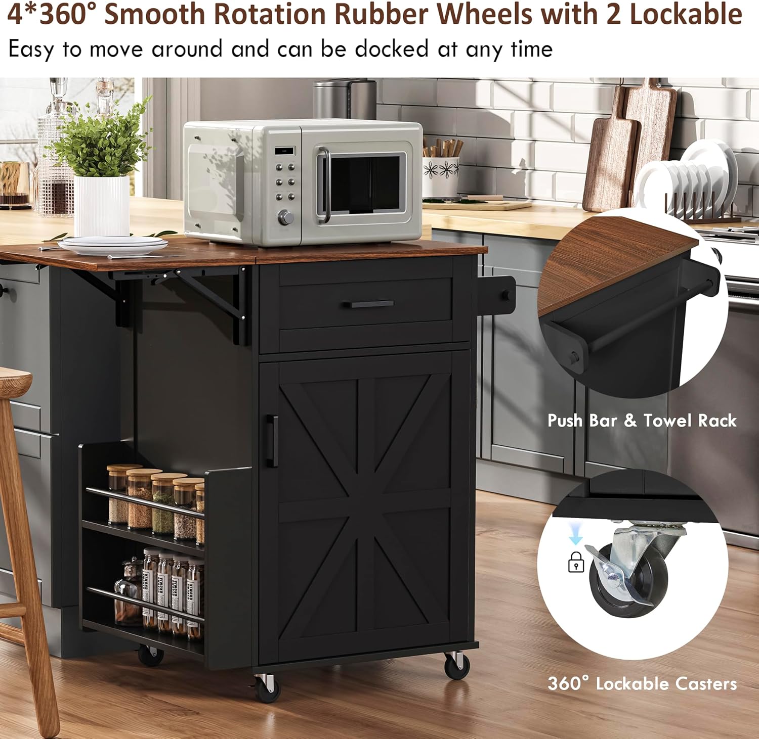 Kitchen Island with Storage, Rolling Kitchen Table on Wheels with Drop Leaf - Open Spice Rack&Towel Rack, Drawer, Cabinet, Adjustable&Removable Shelf, for Kitchen, Dinning Room, Black