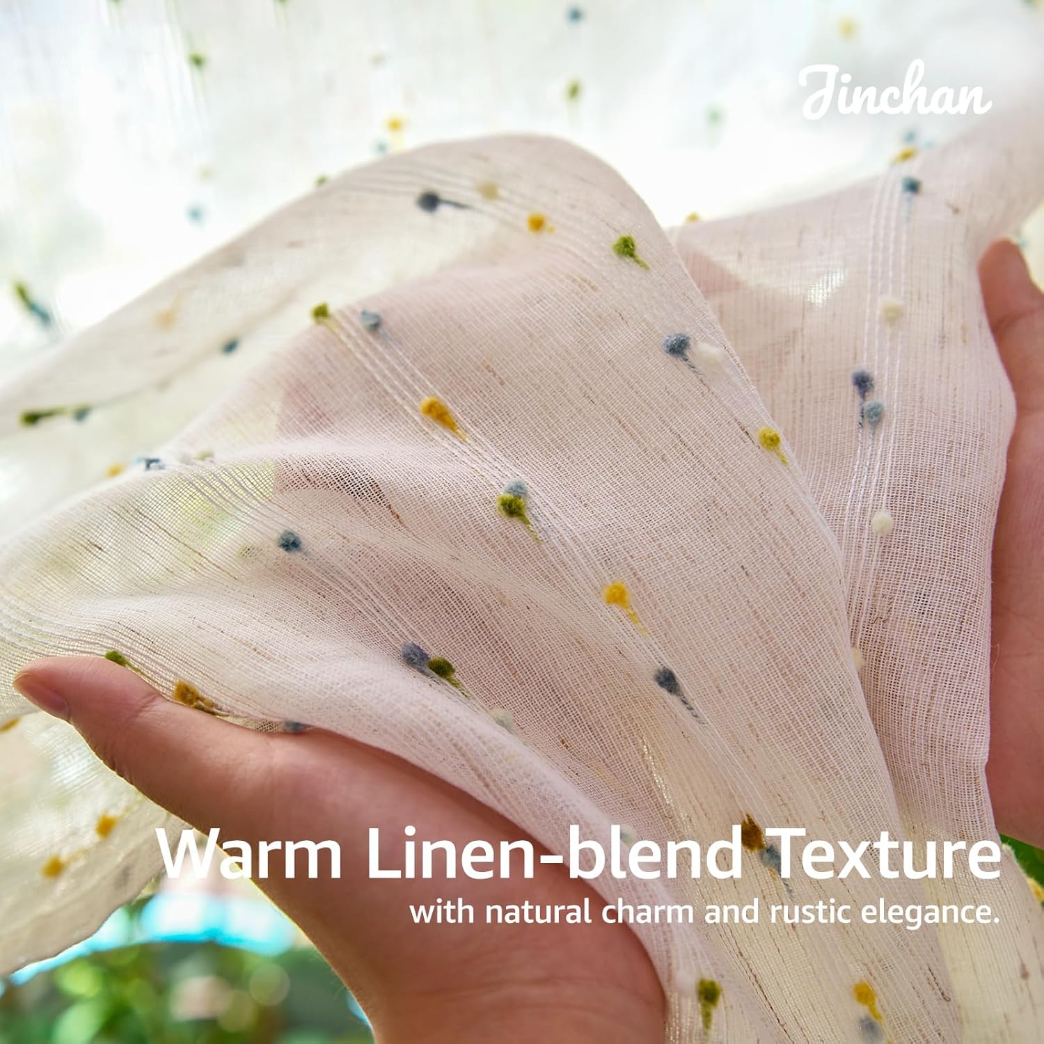 jinchan Semi Sheer Kitchen Curtains for Window 36 Inch Mini Pom-Pom Voile Tier Curtains Light Filtering Small Drapes for Bedroom Living Room Rod Pocket 2 Panels Sunlit Grove