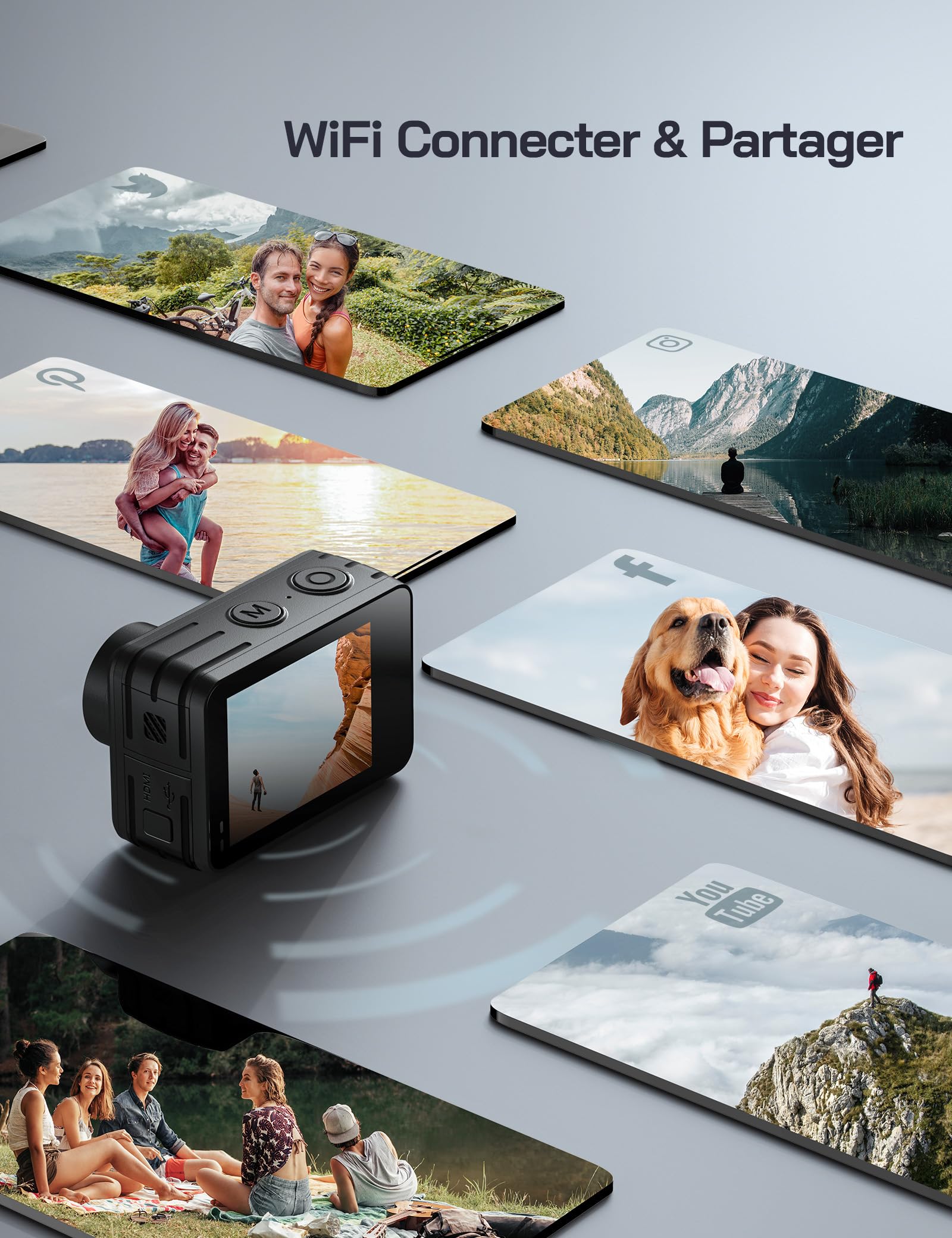 WOLFANG 4K 60FPS Caméra Sport GA400, 20MP WiFi 8M Corps Etanche Action Camera, 40M Sous-Marine Ultra HD 170 °Grand Angle, Sac à Main, EIS, Télécommande 2x1350mAhBatteries et Kit d'accessoires
