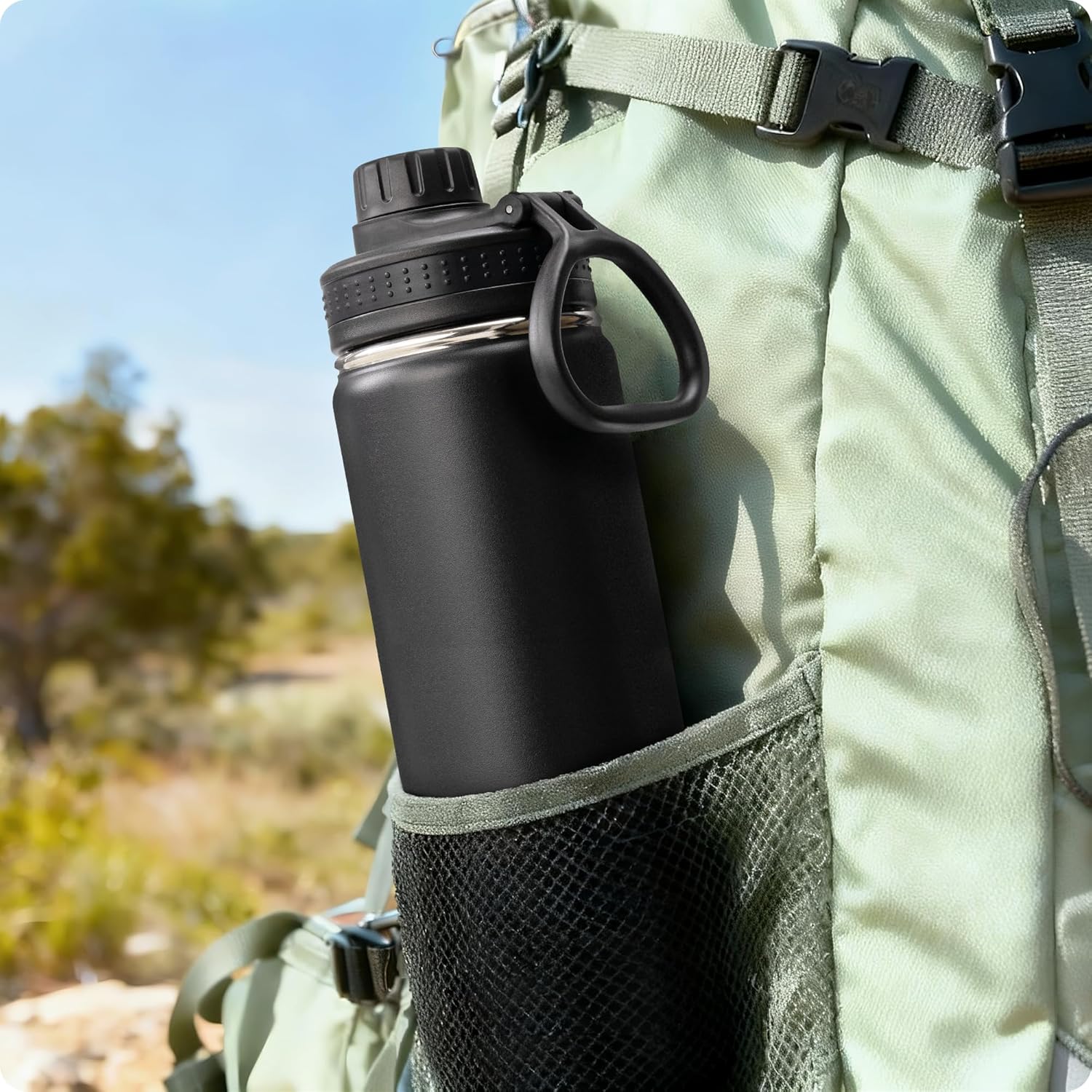 Insulated Water Bottle-22 oz Stainless Steel Double Wall Vacuum Wide Mouth Sports Water Bottle with Spout Lid-Metal Leak Proof Water Flask for Travel (Black)