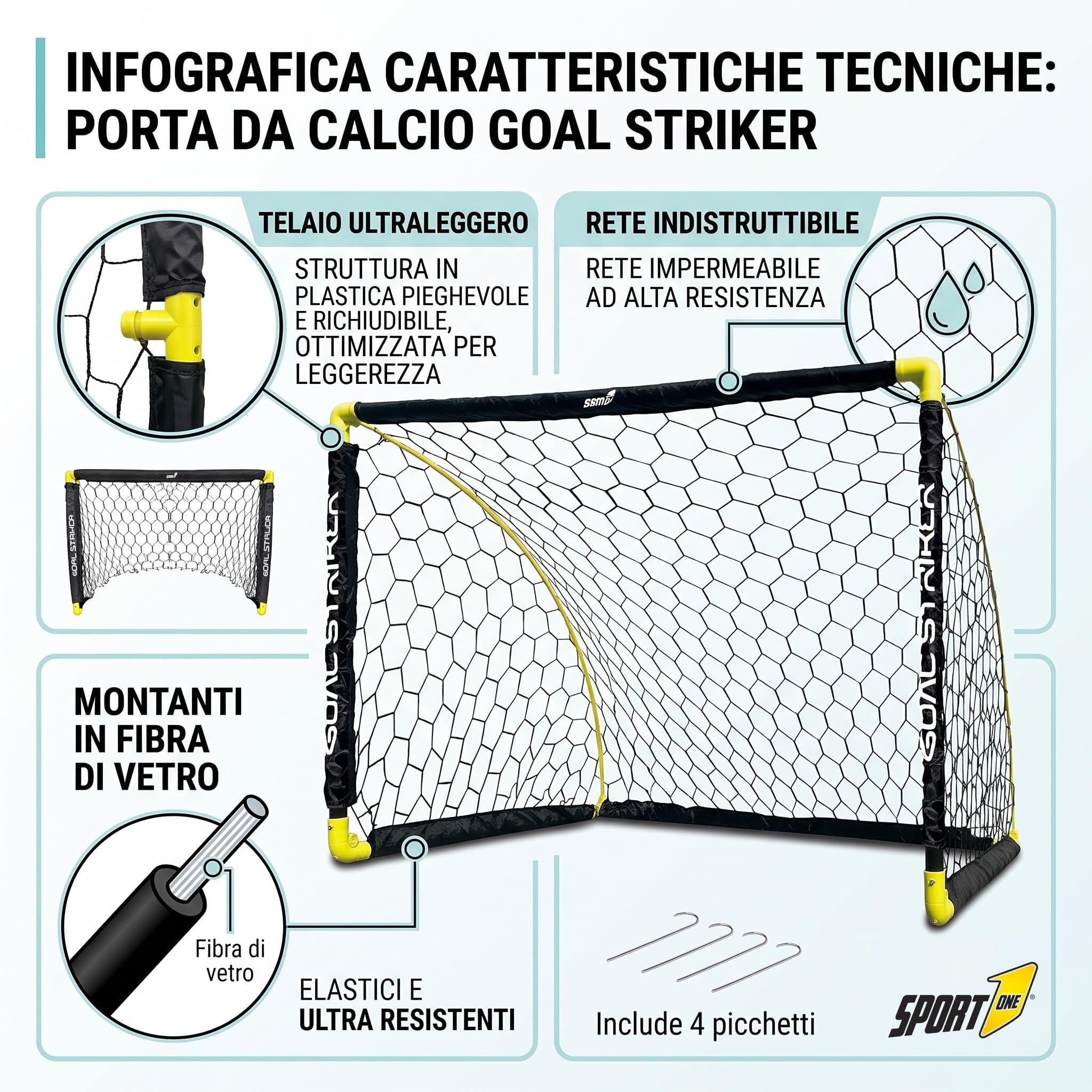 Sport1 porta calcio Goal Striker. Porta calcetto pieghevole in plastica con supporti laterali estraibili salvaspazio. Porta soccer outdoor da 137x91x91cm. Rete impermeabile. Picchetti inclusi. Nera