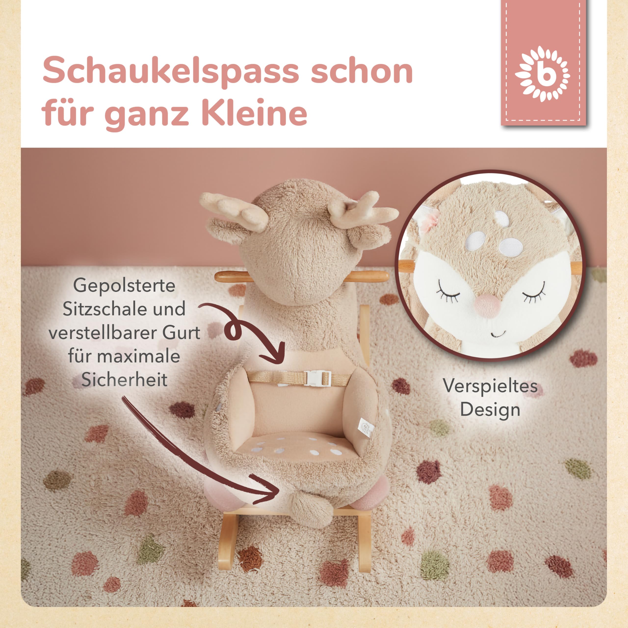 Bieco Plüsch Schaukeltier REH, 60 cm | Kinder Schaukelstuhl mit Sicherheitsgurt | Baby Schaukel | Schaukel Kleinkind | Schaukeltier Baby Schaukelwippe ab 9 Monate | Schaukelpferd Holz