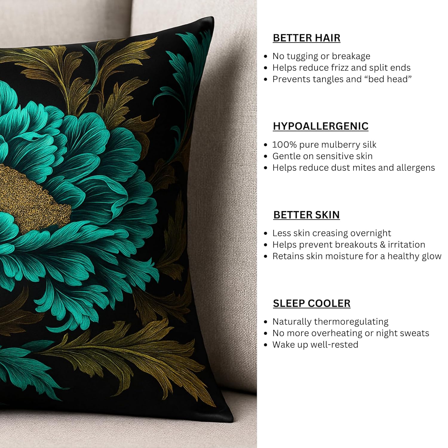 100% Pure Mulberry Silk Pillowcase – Handmade in USA – 22 Momme Printed Silk Cover for Hair & Skin – Anti-Frizz, Anti-Aging, Envelope Closure – For Women & Men (Chrysanthemum, Standard)