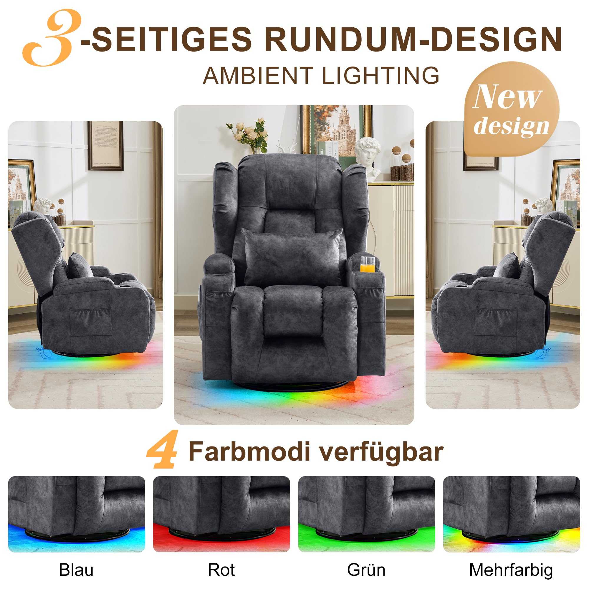 2 Motoren Elektrischer Verstellbar Relaxsessel mit Liegefunktion, Drehbarer Fernsehsessel TV Sessel mit Massage und Wärme, Kinosessel mit USB/LED/TYP C,bis 150 kg (Samt Grau, 1)