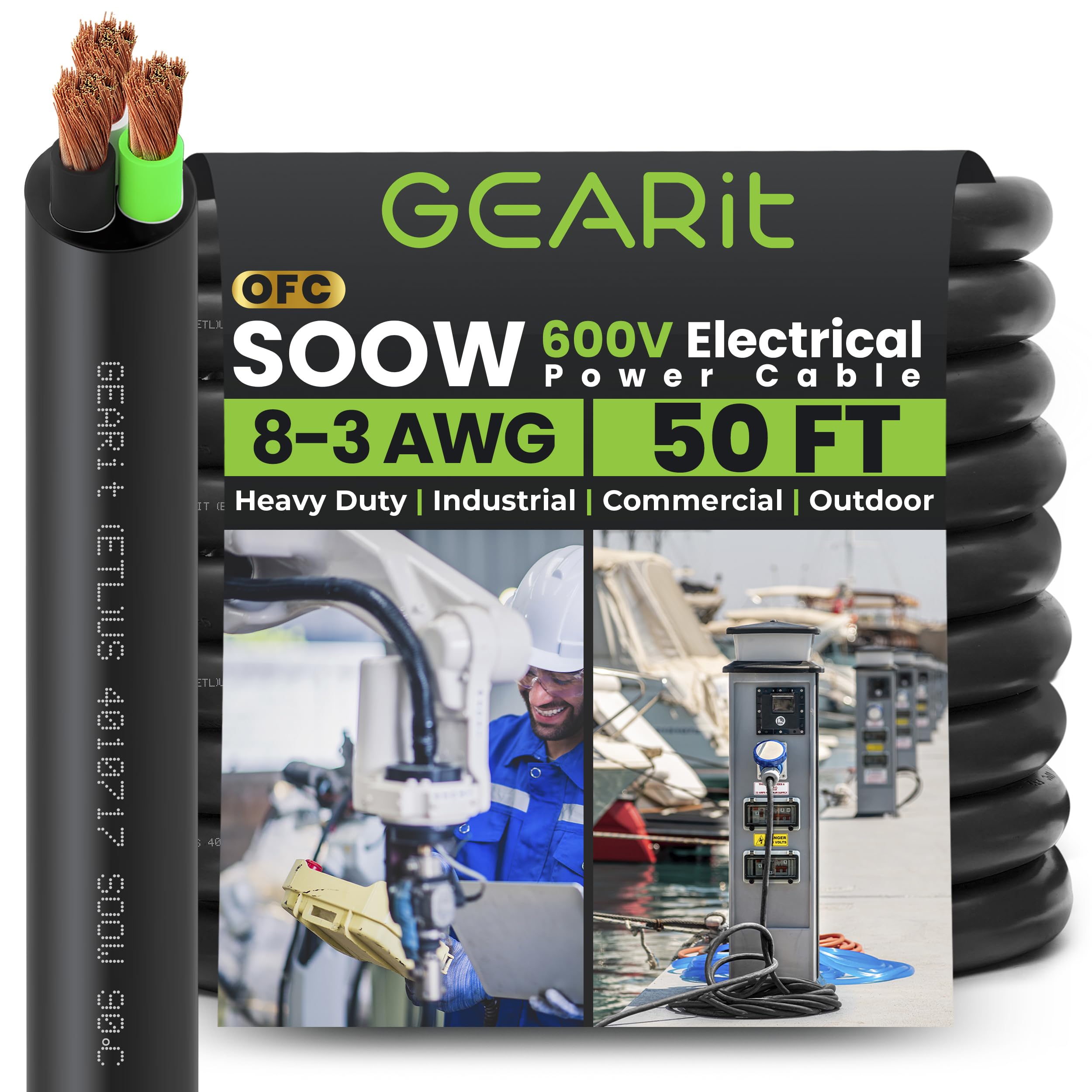 GEARit 8/3 8 AWG Portable Power Cable (50 Feet - 3 Conductor) SOOW 600V 8 Gauge Electric Wire for Motor Leads, Portable Lights, Battery Chargers,
