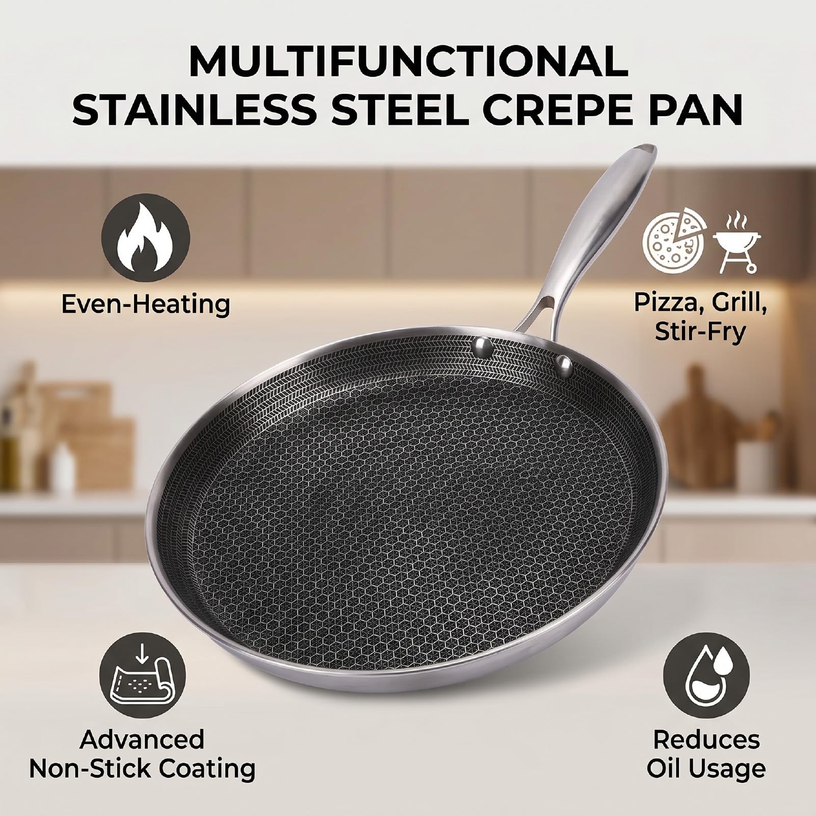 Padella per Crepe in Acciaio Inossidabile, Piastra Rotonda Padella Antiaderente Pancake Padelle Crepe Piatta Tortilla Frittata Piastra per Uova Dosa Tawa Domestica (26CM)
