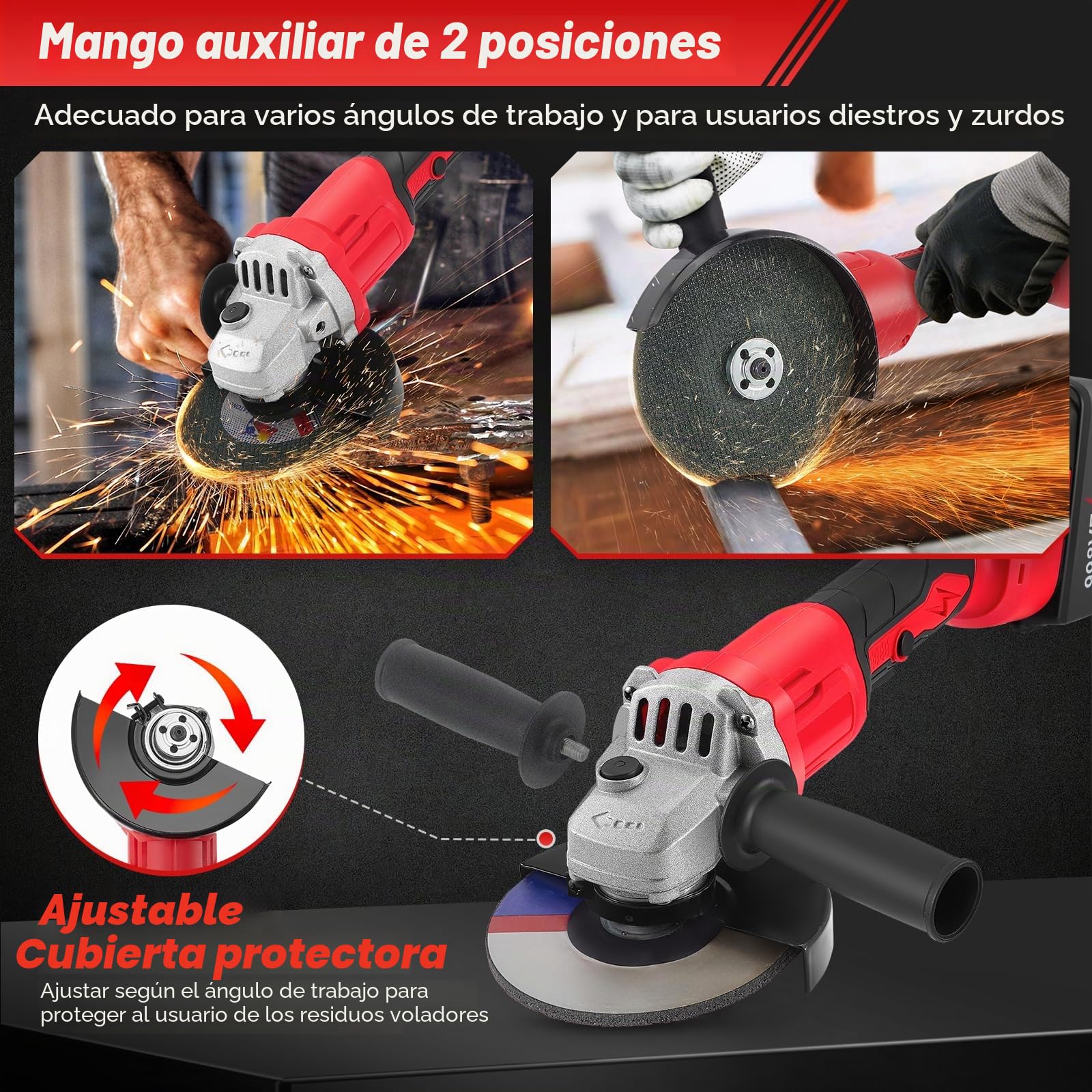 Amoladora Angular a Batería, 21V Angular inalámbrica con 2x Baterías 3.0 Ah, Motor sin Escobillas 13500RPM, 900W Amoladora inalámbrica de con discos para cortar